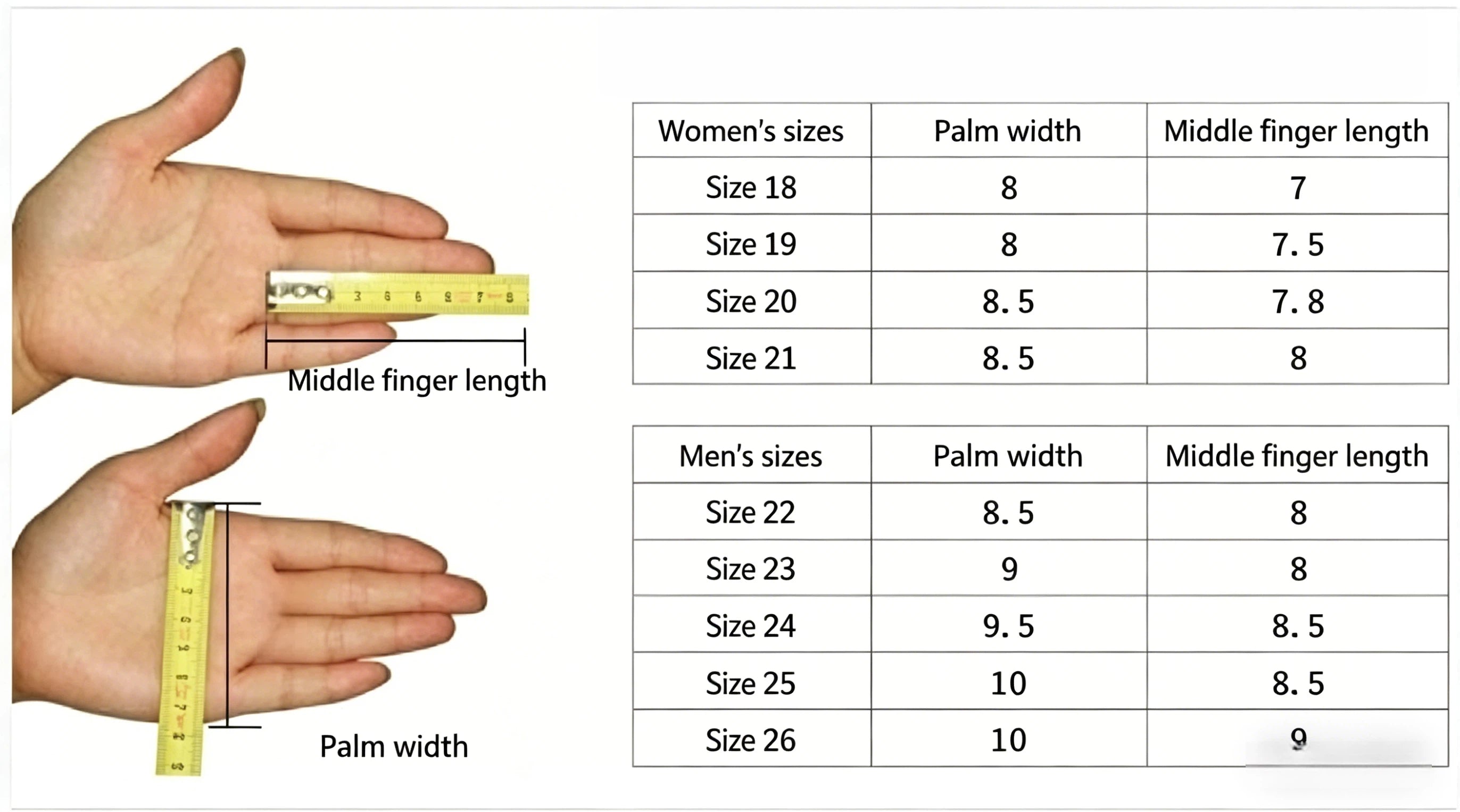 Sizing chart for Callaway men's and women's golf gloves showing how to measure palm width and middle finger length for the perfect fit.