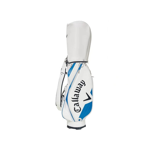 White Callaway Quantum staff golf bag with blue glossy panels and black logo. Premium carryall with multiple compartments and reinforced base.