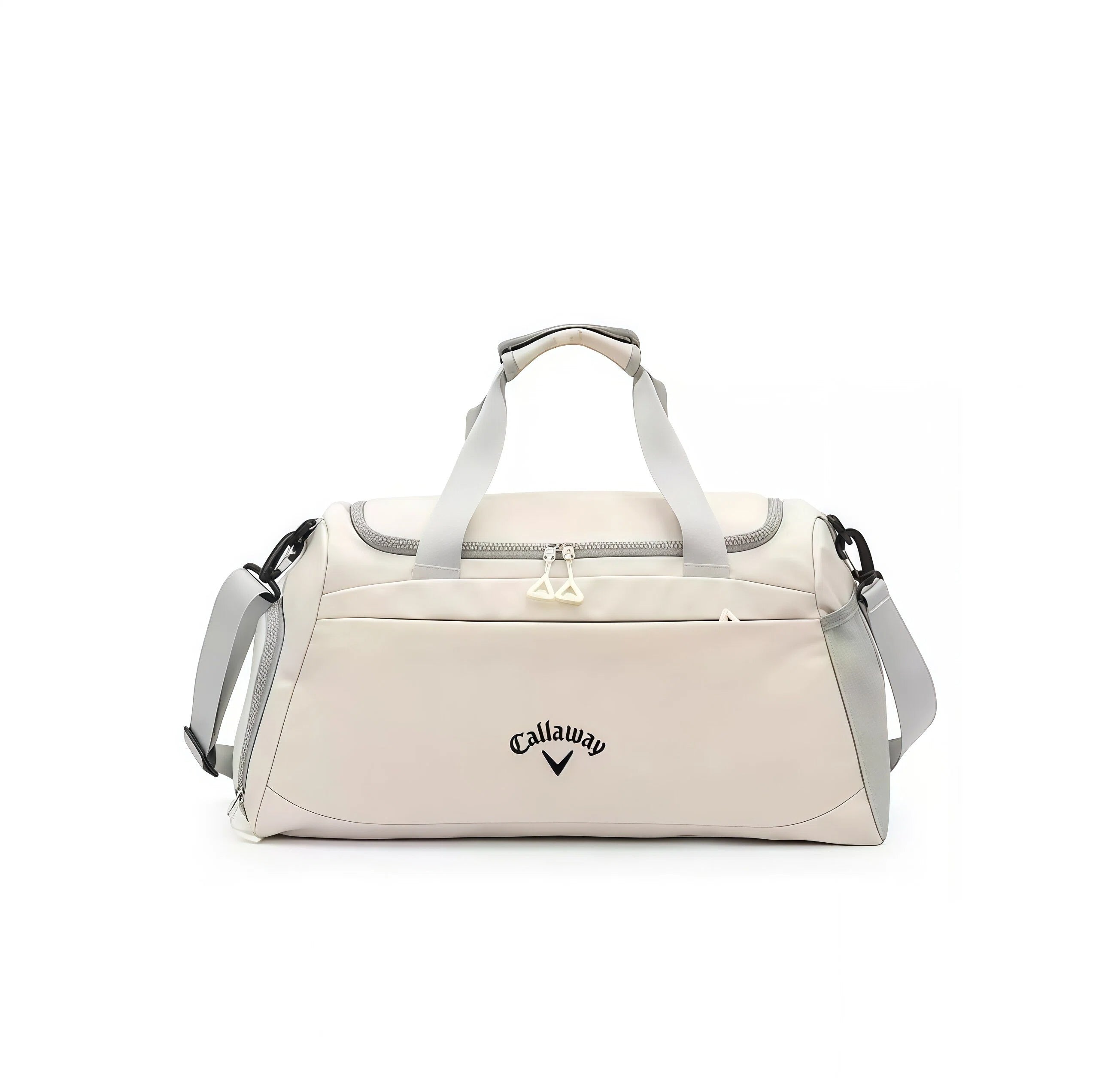 Front view of the beige Callaway Sport Boston Bag with dual handles and embroidered logo. Ideal for golf, gym, or travel with durable construction and organized storage.