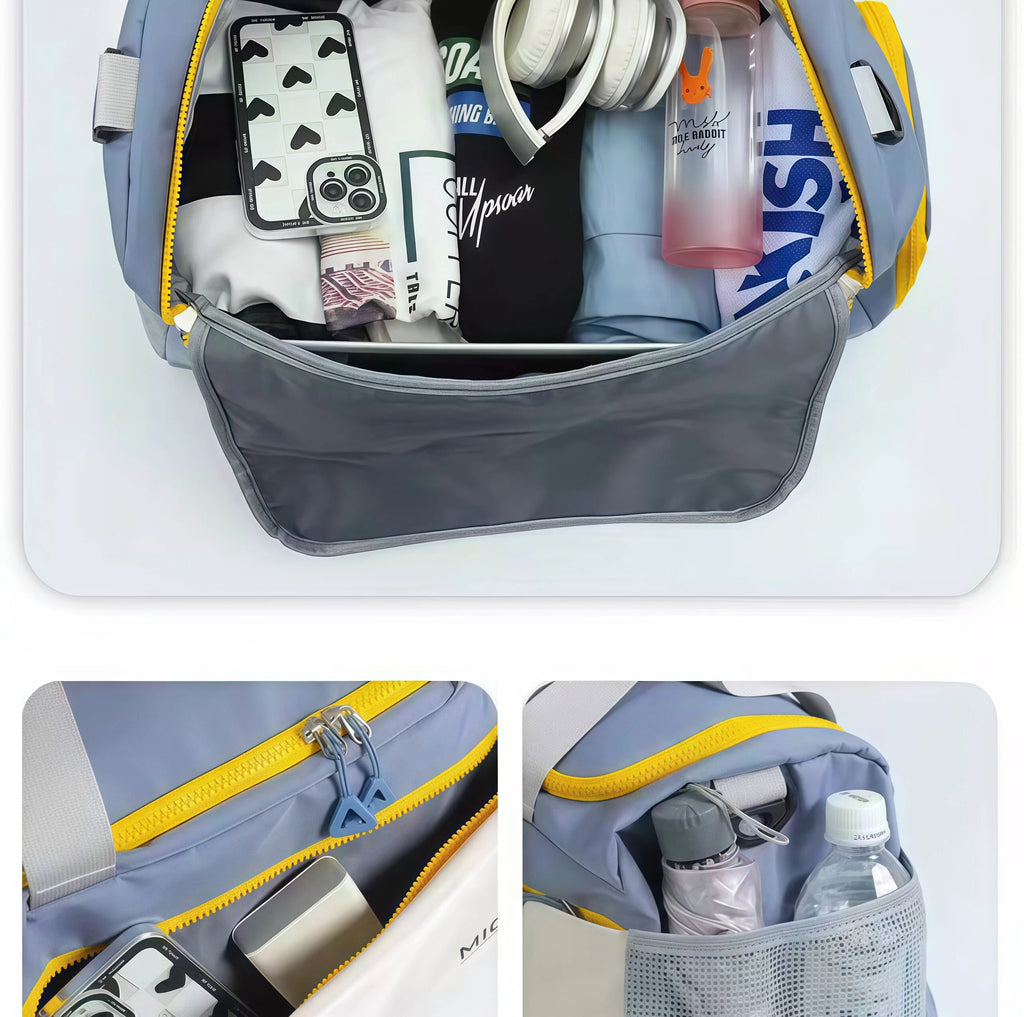 Open interior view of the Callaway Sport Boston Bag showing clothes, phone, headphones, and water bottle. Spacious main compartment with padded lining.
