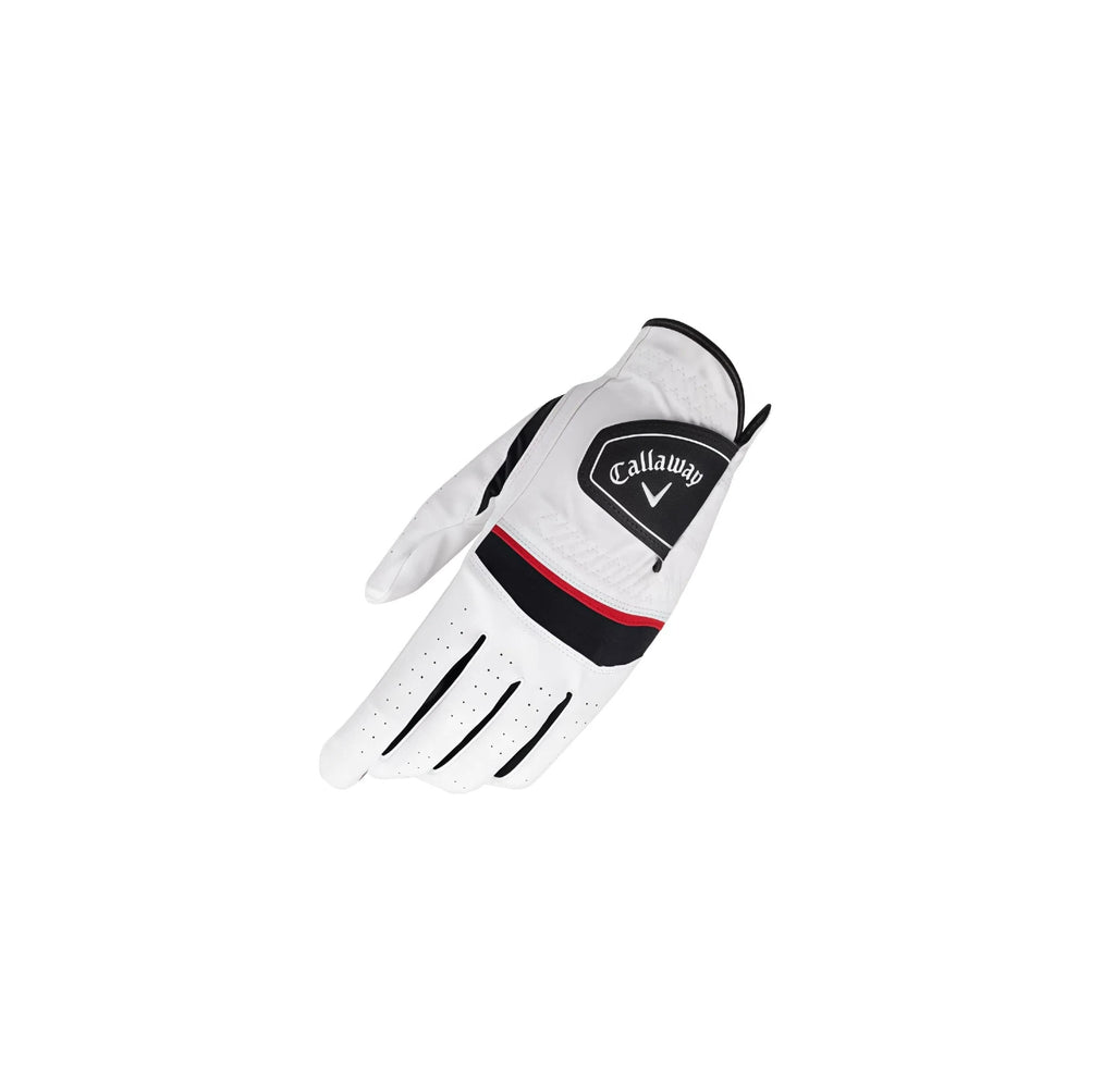 Callaway Warbird men's golf glove in white featuring black and red accents, durable synthetic leather construction, and Velcro closure.
