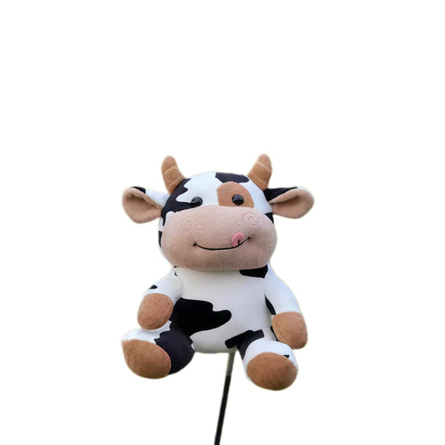 Detailed cartoon cow plush golf driver cover withblack spots, and a friendly expression, made from high-quality plush material to protect your club head and stand out on the golf course.
