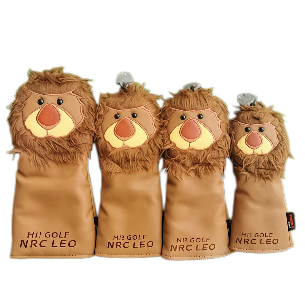 Front view of a set of four cartoon lion golf headcovers featuring brown faux fur manes, embroidered faces with big noses and black eyes, and tan PU bodies with "HI! GOLF NRC LEO" text printed on the front.

