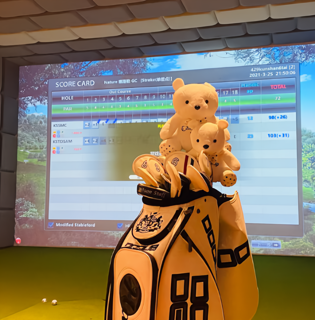 Multiple cartoon plush bear golf headcovers in various colors stacked on a golf bag, displayed in front of a simulated golf course score screen, showcasing fun and functional design for golf enthusiasts.