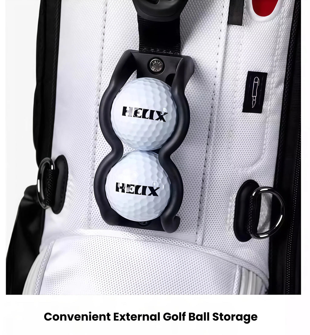 External golf ball holder on the HELIX travel bag holding two branded balls, providing quick access and secure storage during play.