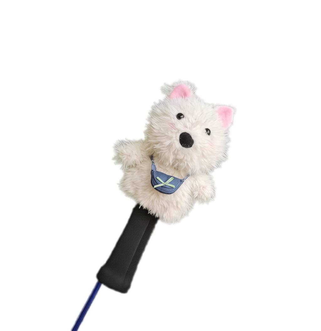 Cute Westie golf headcover in white plush with denim overalls and green X detail, offering stylish protection for driver, fairway woods, and irons.