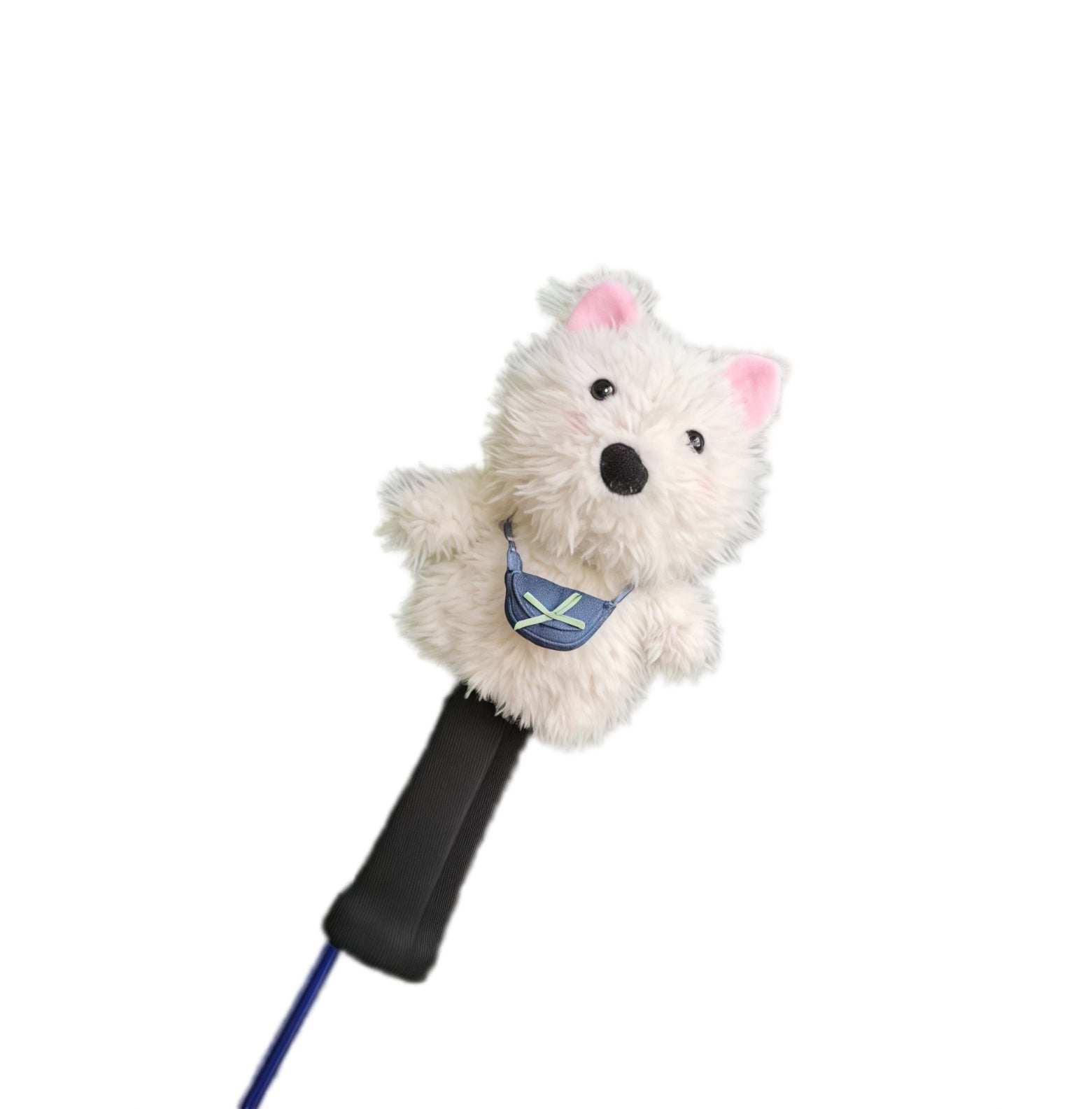 Cute Westie golf headcover in white plush with denim overalls and green X detail, offering stylish protection for driver, fairway woods, and irons.