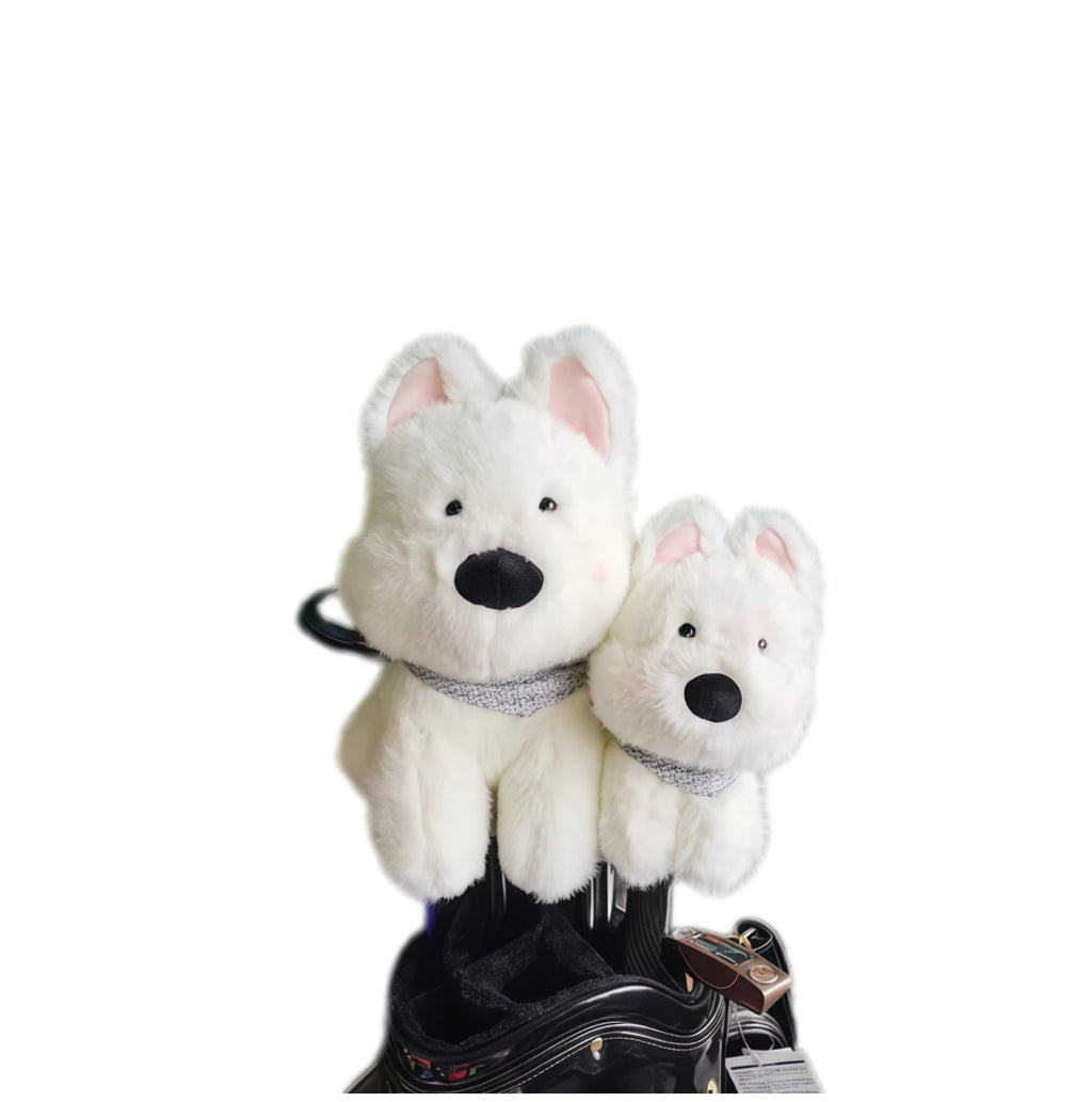 Cute Westie golf headcovers set featuring plush white design with pink ears and patterned collars, compatible with driver, fairway woods, and irons for stylish protection.