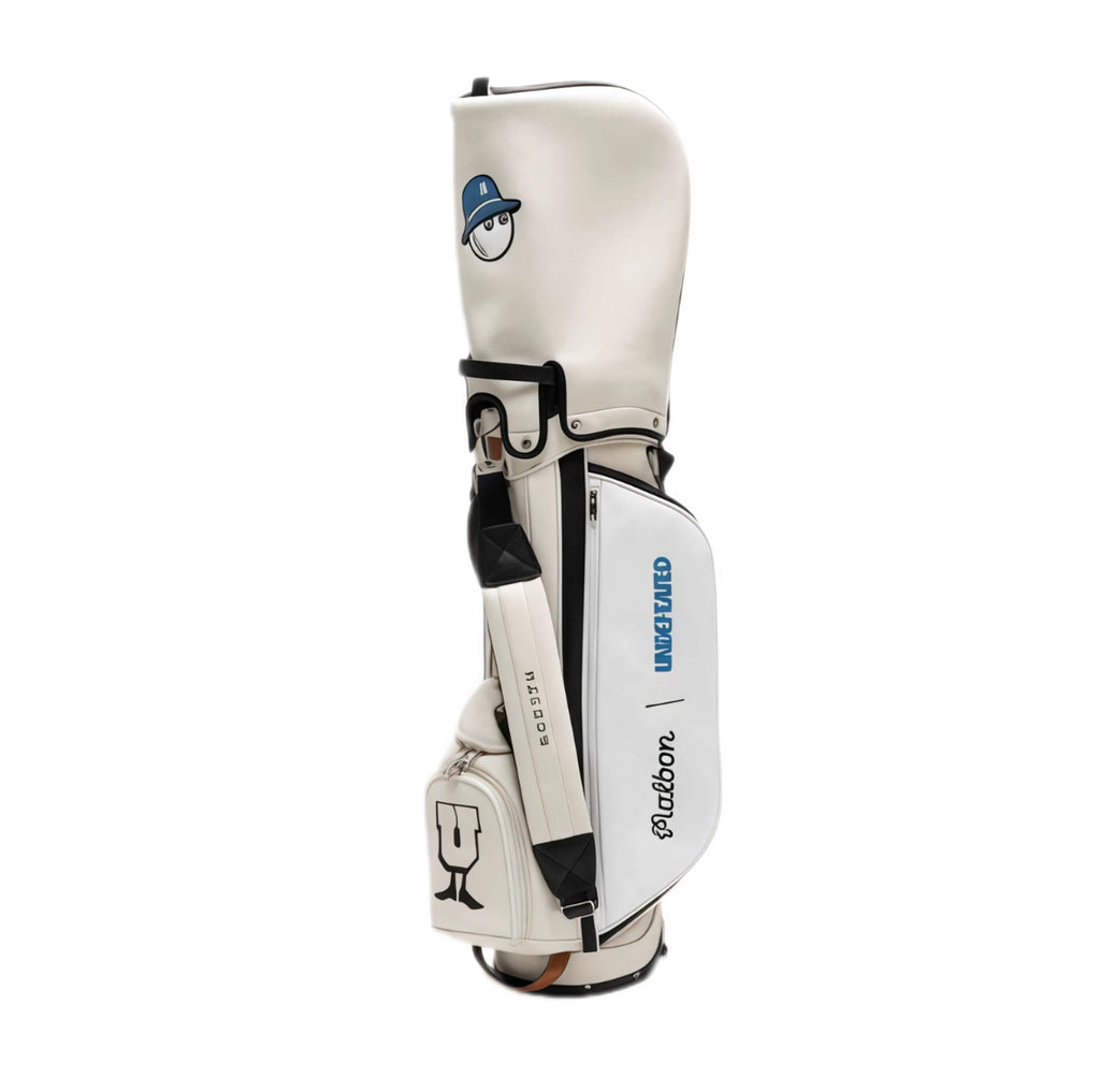 Front view of Malbon Golf Stand Bag in premium white PU leather, featuring blue cartoon golfer mascot on hood, 'MALBON' branding in blue, and black dual rain hoods.