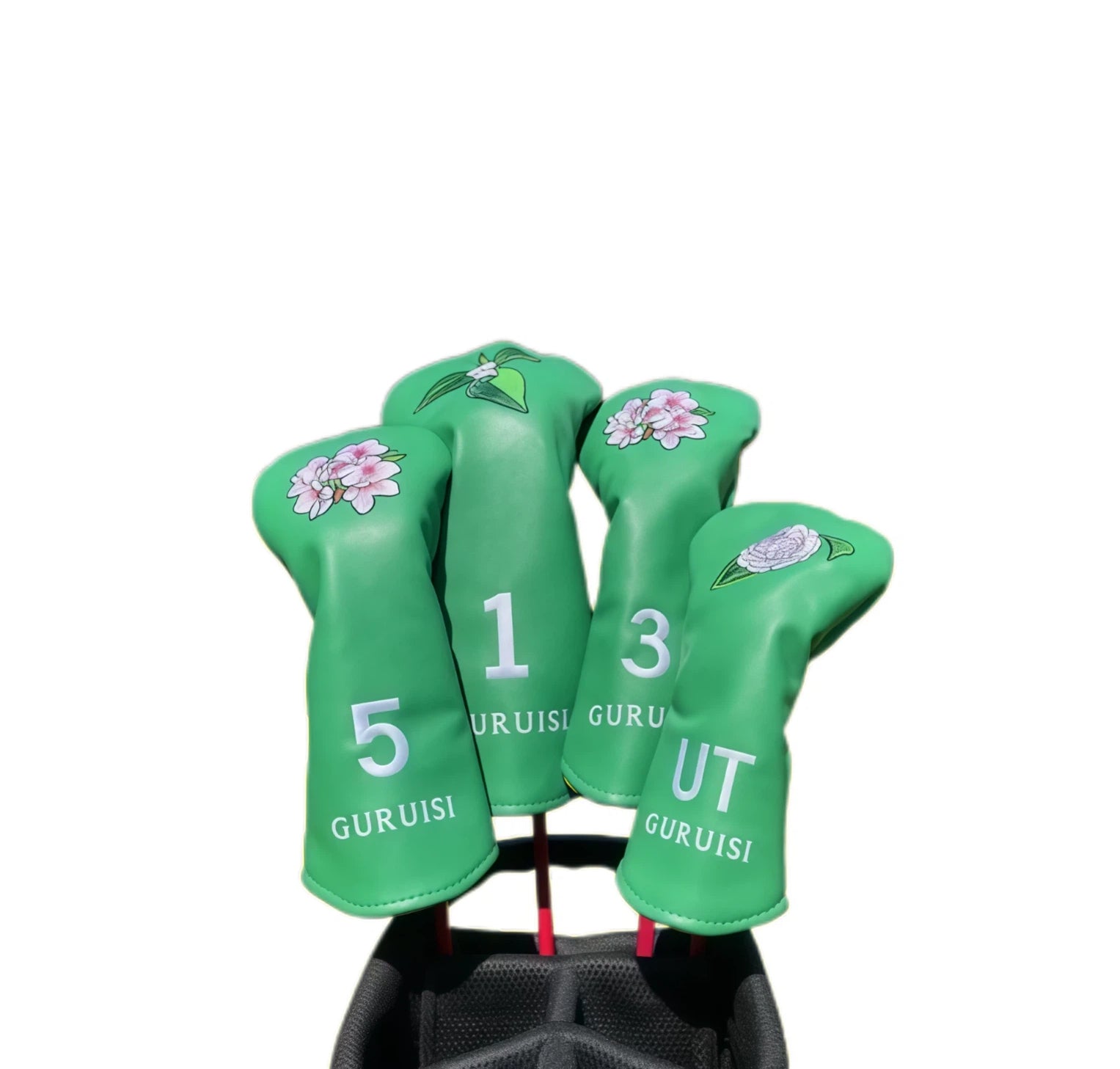 GURUISI green synthetic leather golf headcover set featuring embroidered cherry blossom and rose patterns — includes driver, 3-wood, 5-wood, and utility cover with magnetic closure and "GURUISI" branding for elegant club protection.