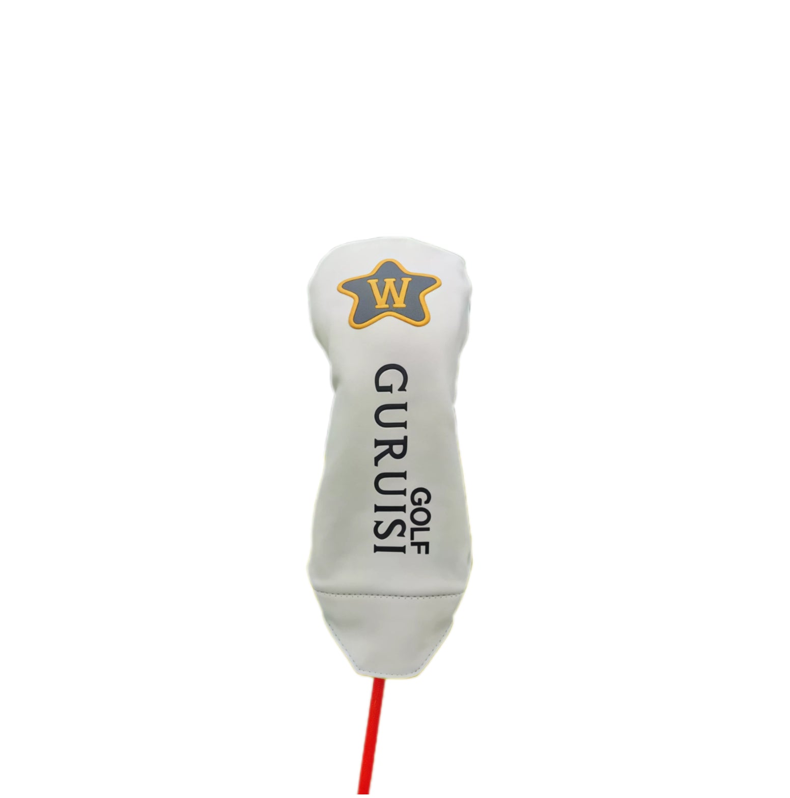 GURUISI Minimalist Fairway Wood Headcover in white, featuring a grey star with yellow outline and letter "W", with "GURUISI GOLF" branding, universal fit for golf clubs.