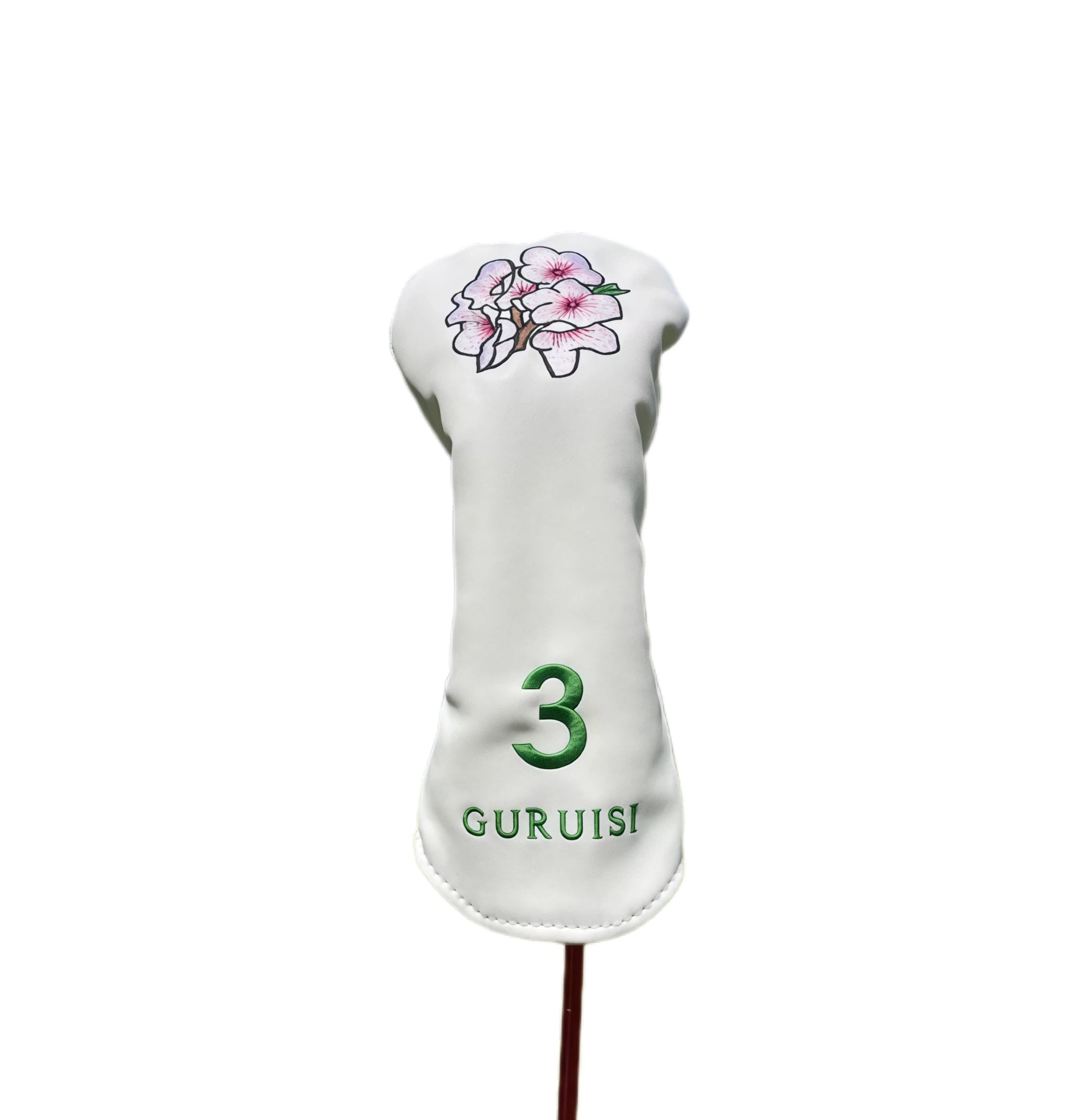 GURUISI white 3-wood golf headcover with detailed cherry blossom embroidery — includes green number "3" and brand logo for stylish protection and quick club recognition.
