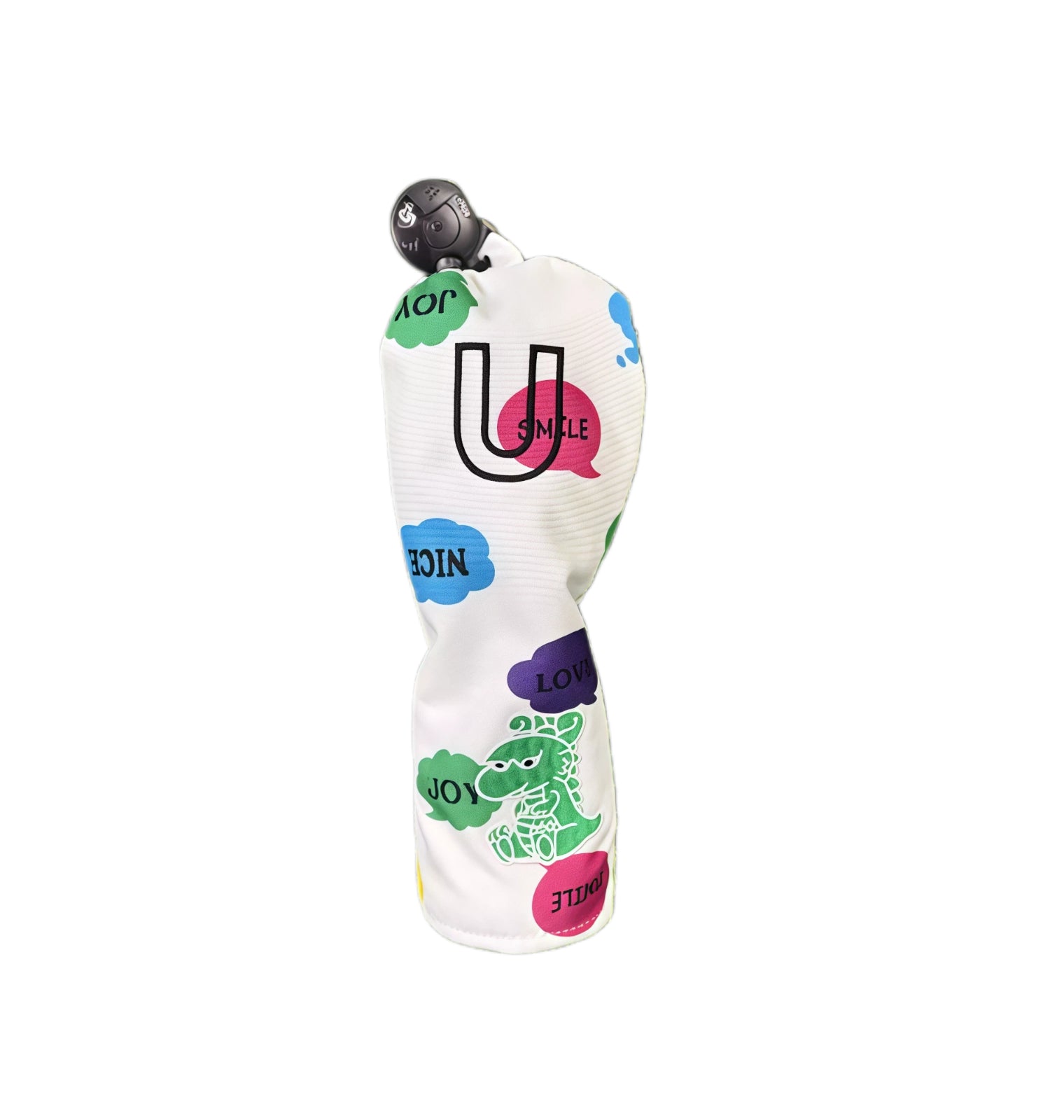 Graffiti canvas golf utility headcover featuring white fabric, colorful speech bubbles, green dinosaur, and “U” lettering, compatible with hybrid or utility clubs.