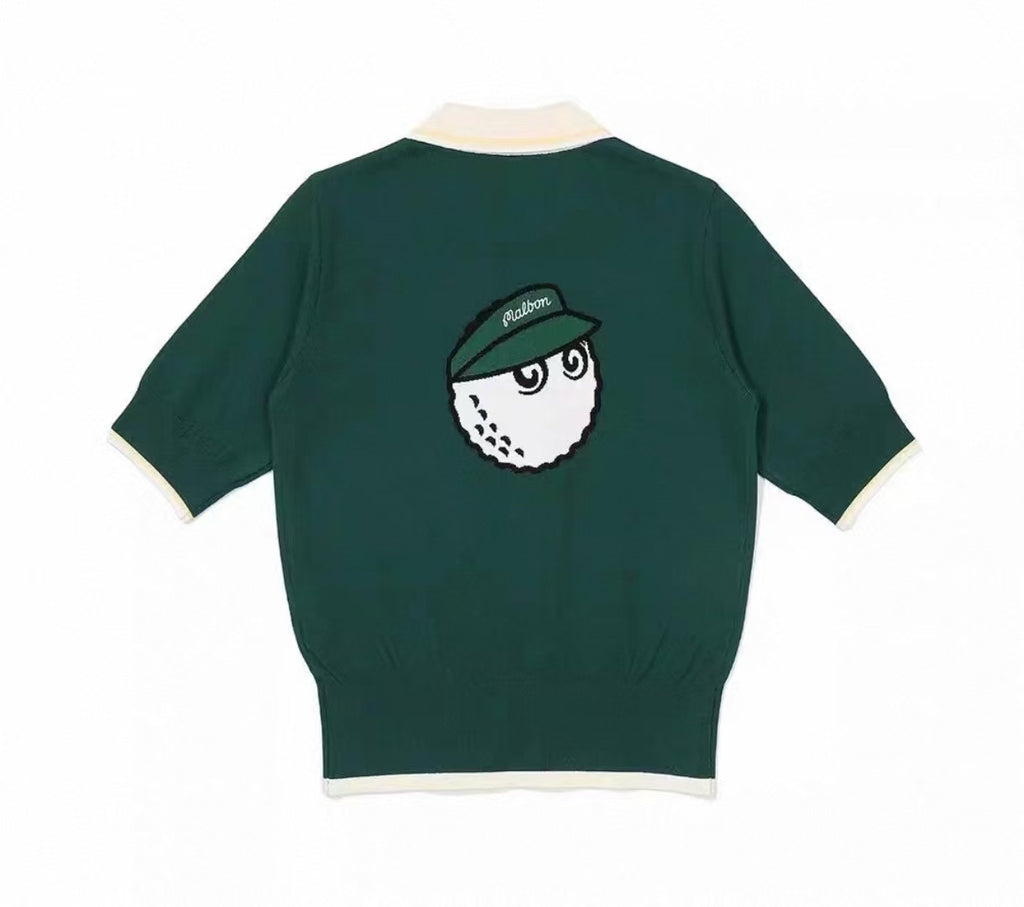 Malbon Women's Slim Fit Knit Short Sleeve Polo Green knit golf polo front view