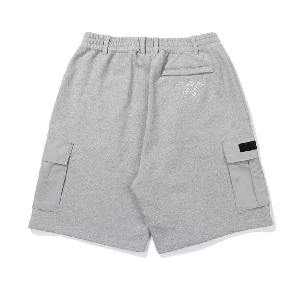 Malbon Men's Solid Embroidered Knit Shorts Grey knit golf shorts front view