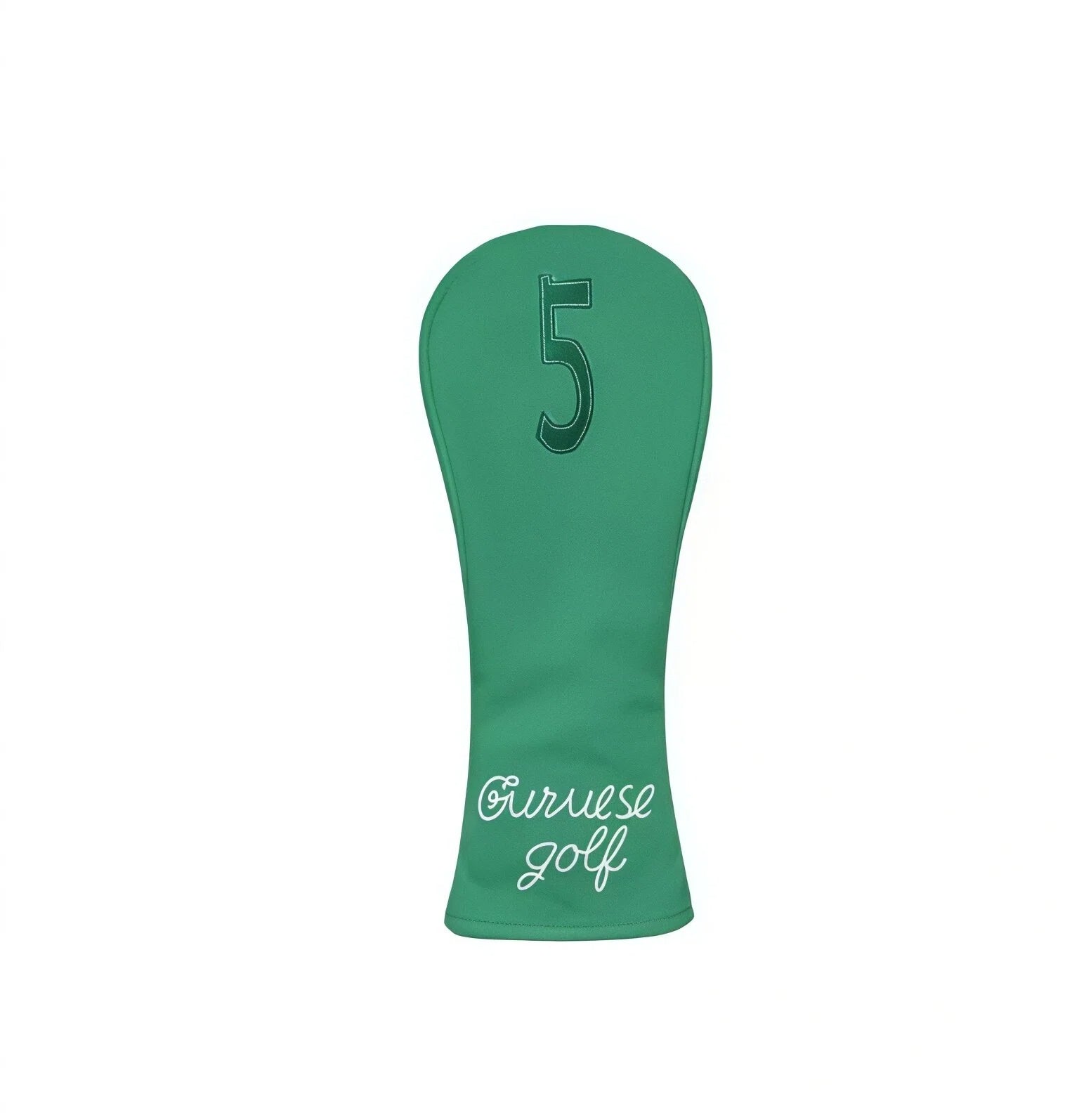 Green Guruese Golf headcover for #5 fairway wood, displaying subtle tonal stitching on the number “5” and clean white “Guruese golf” script — combines functionality with understated style.