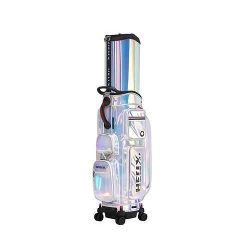 Side profile of the HELIX Jungle Collection golf cart bag H95210 showcasing its iridescent surface, "HELIX" branding, red-accented carry handle, and durable 4-wheel base system.