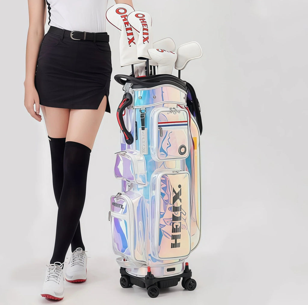 Person holding a transparent golf bag with golf clubs on a plain background