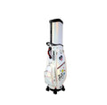 Front view of the HELIX Vibe Collection golf cart bag H95176 featuring an iridescent white finish, colorful star graphics, heart-shaped "TEAM USA" patch, and sleek design with dual wheels and carry handle.