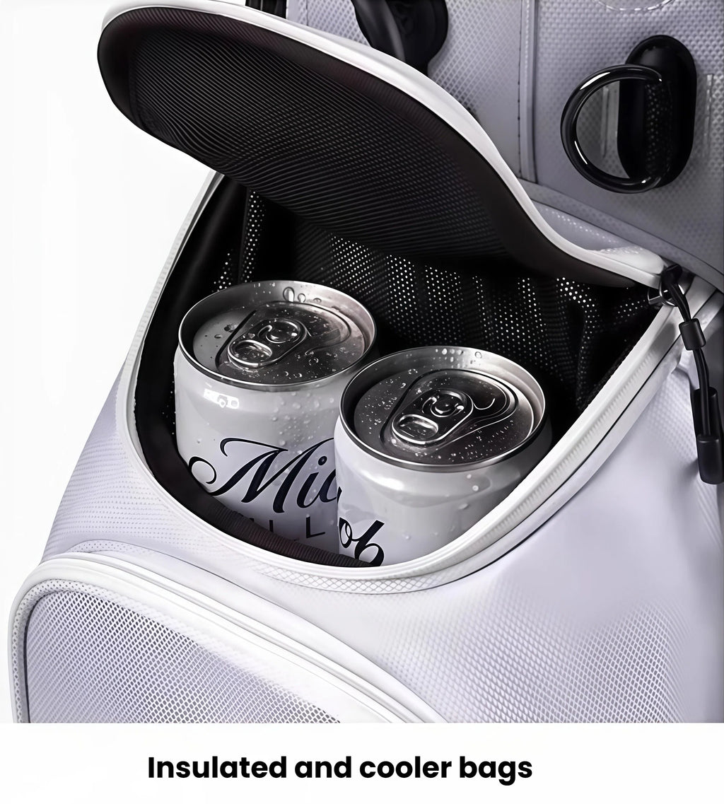 Insulated cooler compartment in the HELIX golf travel bag holding two chilled cans, perfect for staying hydrated during long rounds.