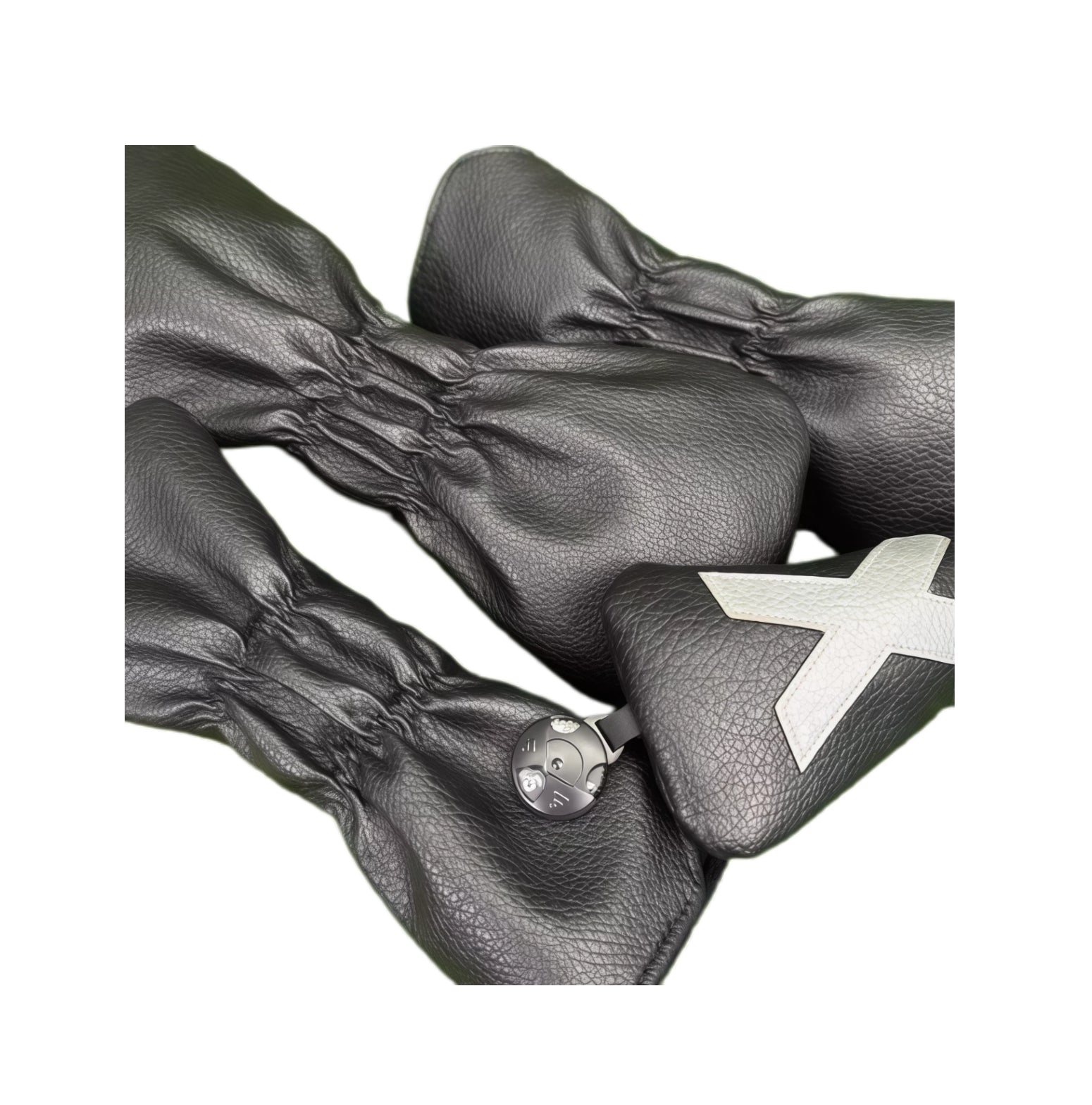 Back view of black Korean style PU golf headcovers set displaying elastic hem, metal snap button and durable PU leather construction, suitable for driver, fairway and utility clubs.