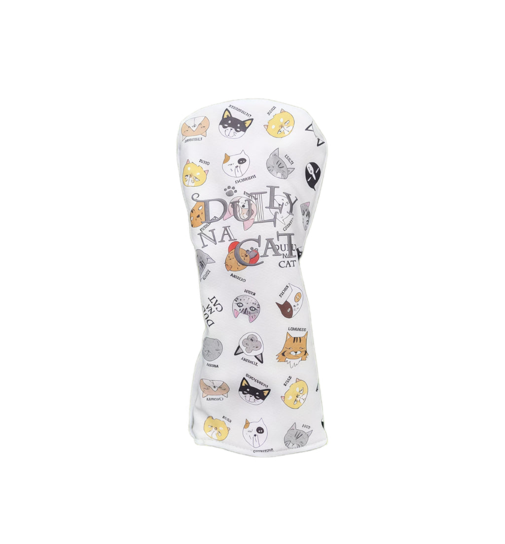White Lazy Cat cartoon golf headcover featuring DULLY NA CAT branding and colorful cat face patterns, designed for driver protection with durable PU material.