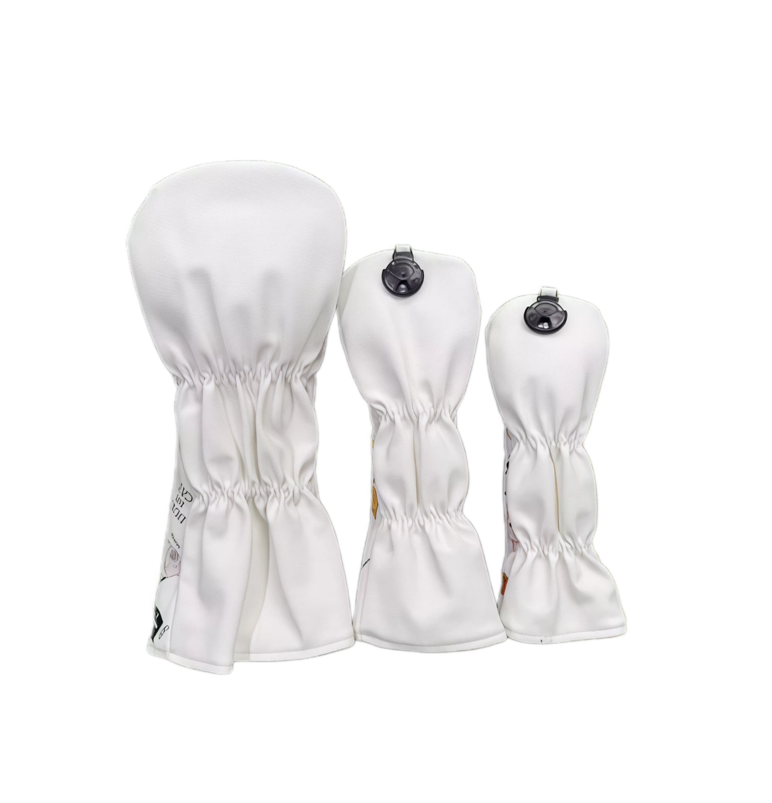 Back view of Lazy Cat golf headcovers set showing elastic hem and snap button closure, designed for secure fit and durable protection.