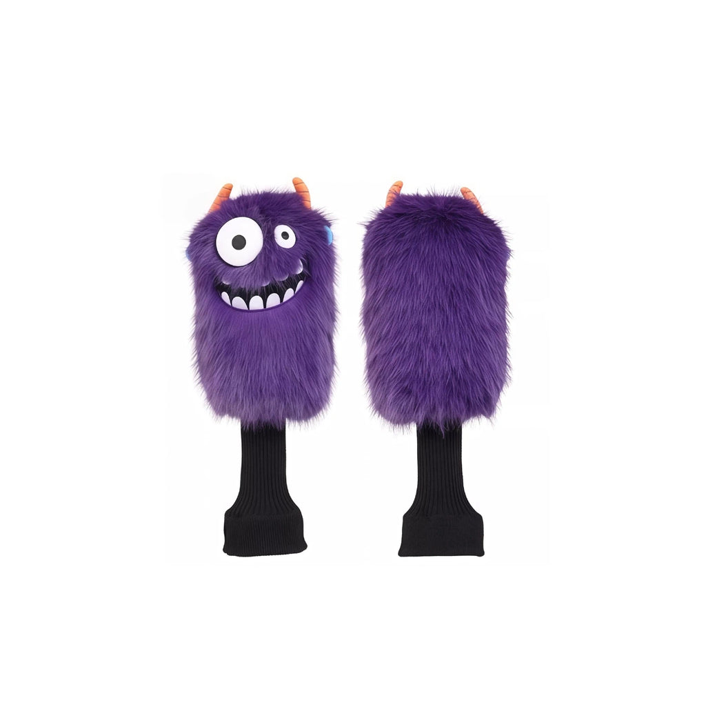 Purple little monster golf driver headcover with orange horns and a cheerful face, made of high-quality plush fabric to protect your 1 wood club and showcase your personality on the course.