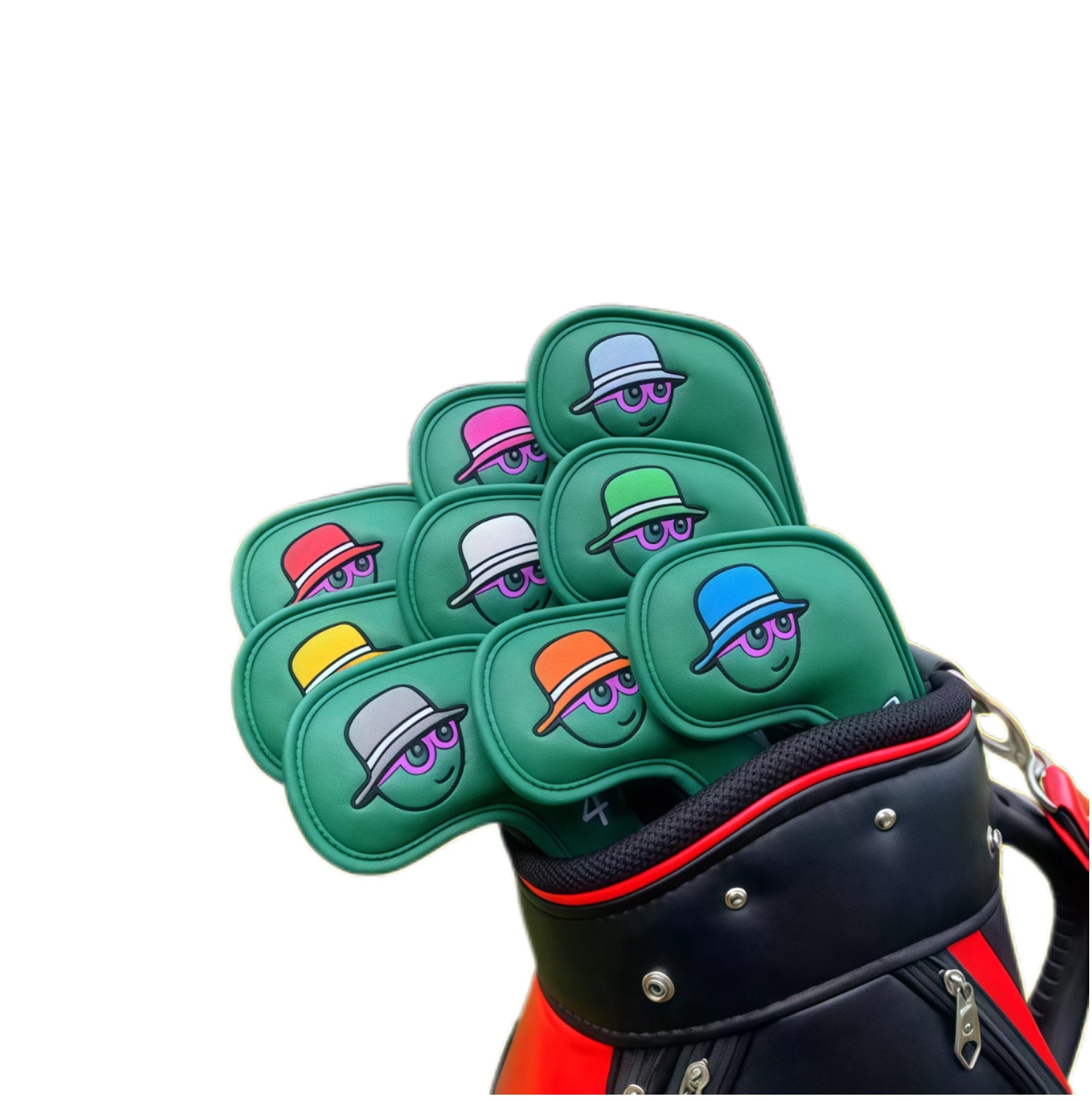 Green Malbon-style golf headcover set with whimsical cartoon characters wearing colorful hats and purple sunglasses; displayed fanned out in golf bag — each cover features secure magnetic snap for easy on/off access.