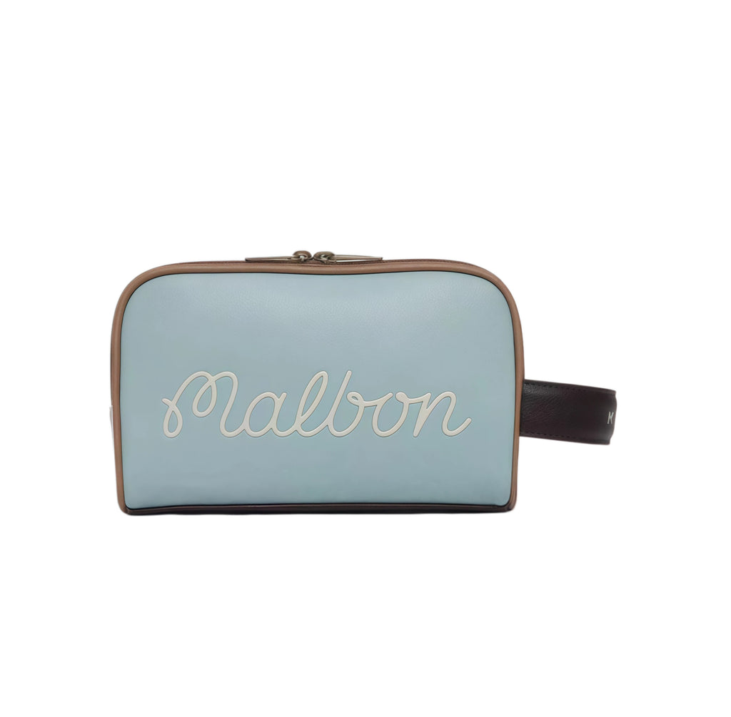 Forest green Malbon golf pouch with playful golf ball character wearing a cap. Premium texture and fun branding ideal for golf lovers and travelers.