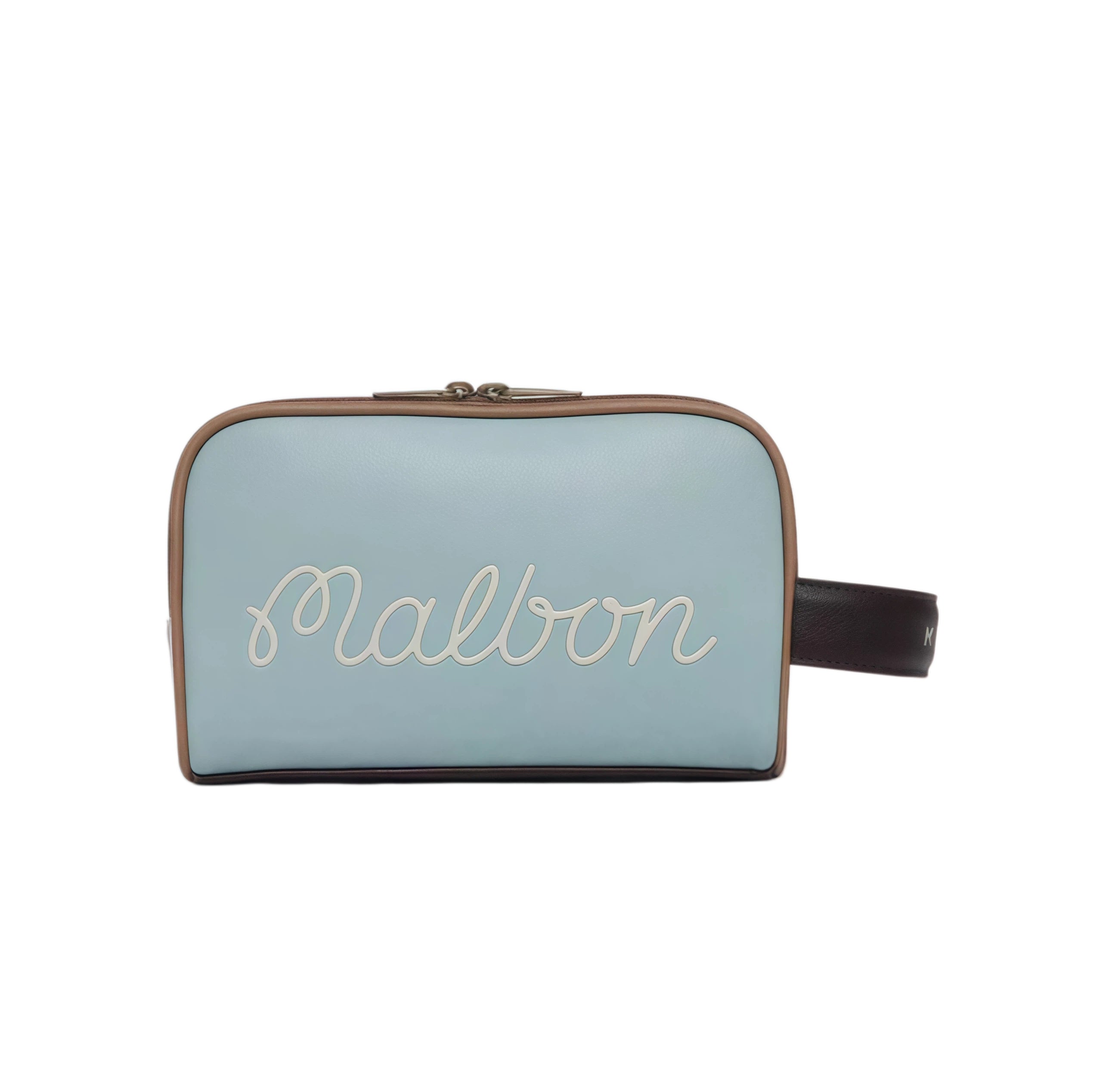 Forest green Malbon golf pouch with playful golf ball character wearing a cap. Premium texture and fun branding ideal for golf lovers and travelers.