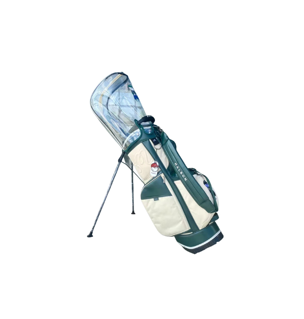 Malbon Fashion Golf Stand Bag angled view with clear top cover, dual stand legs, and “MALBON” embossed strap - lightweight and waterproof design for men and women golfers