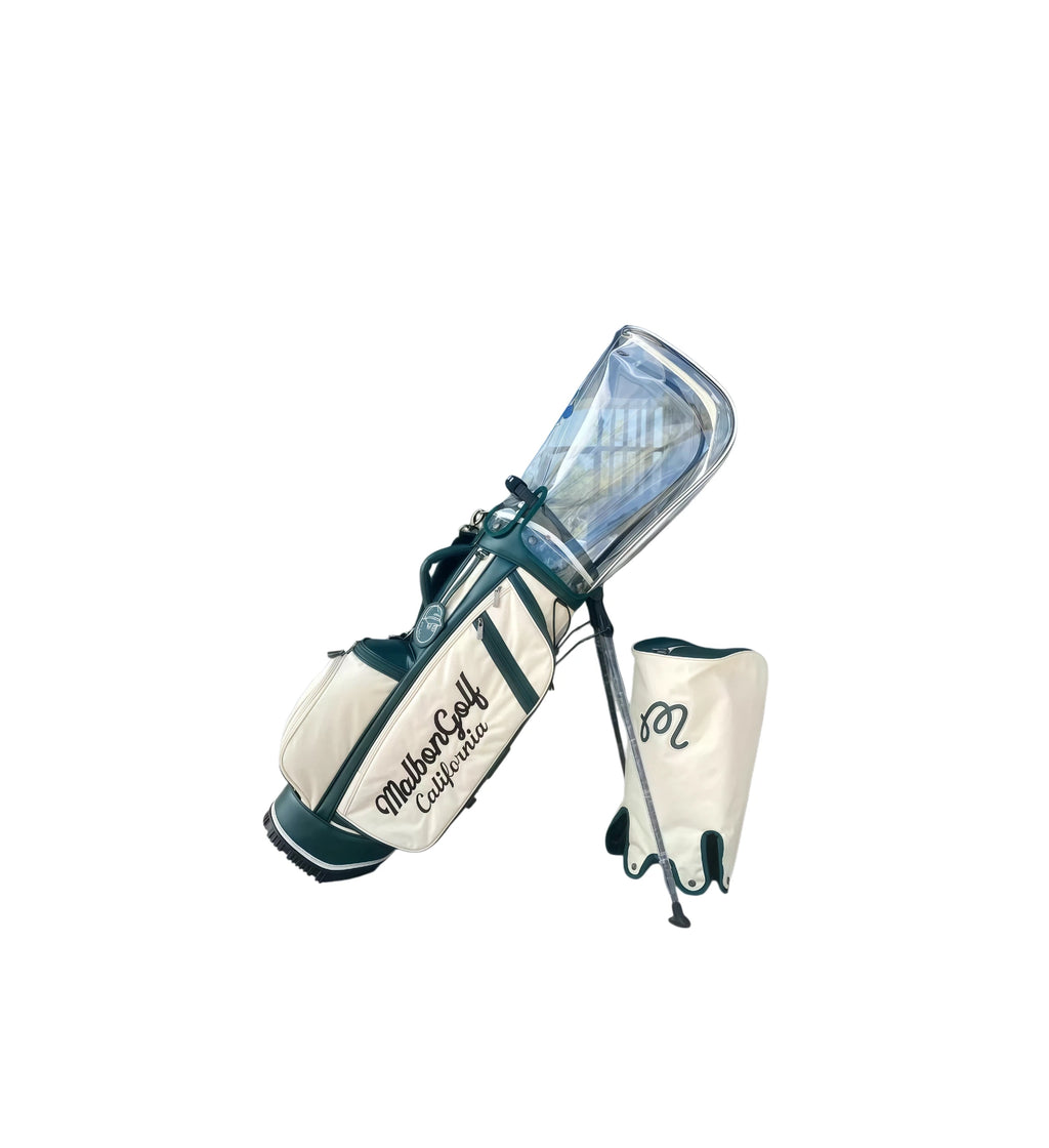 Malbon Fashion Golf Stand Bag open view with clear plastic top cover, beige and green color scheme, and “M” logo on headcover - large capacity design for easy club access and weather protection