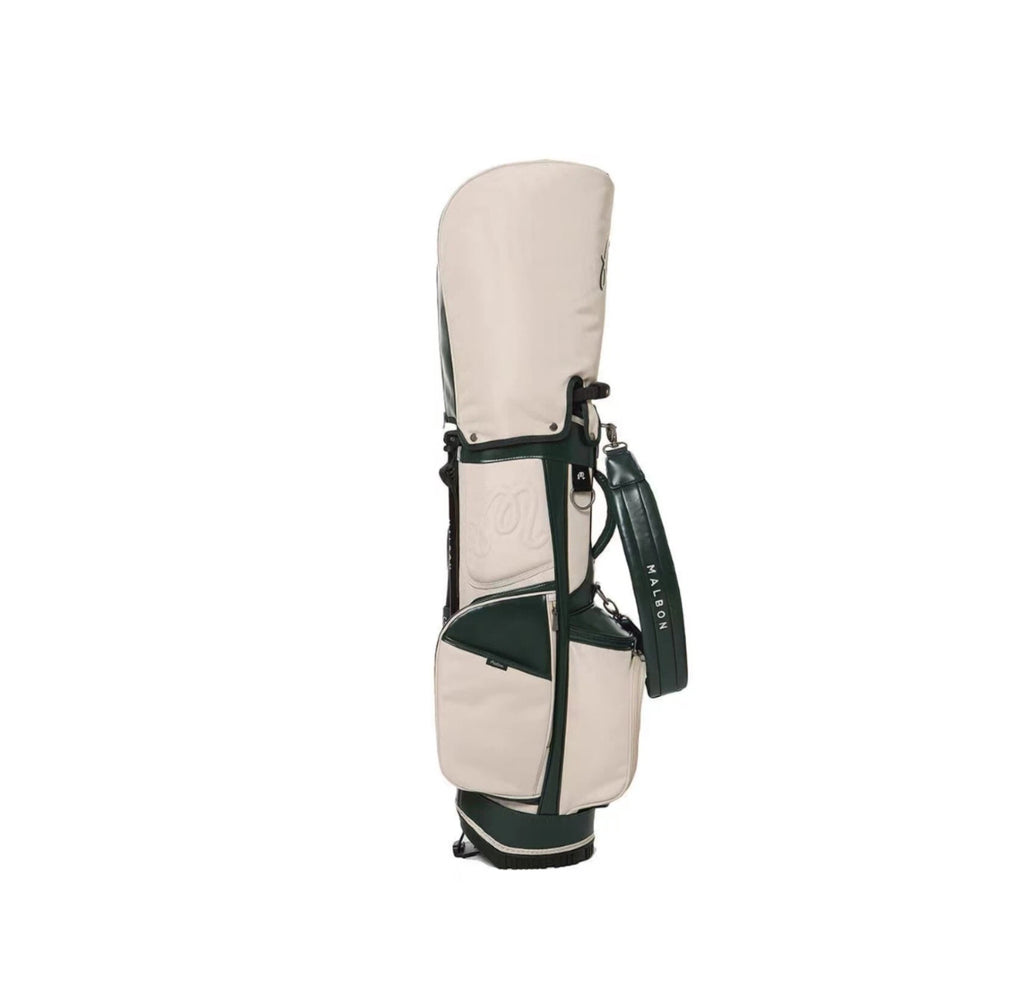 Malbon Fashion Golf Stand Bag side view in beige and green with multiple storage pockets, adjustable shoulder strap, and “MALBON” embossed logo - durable PU and nylon blend for outdoor use