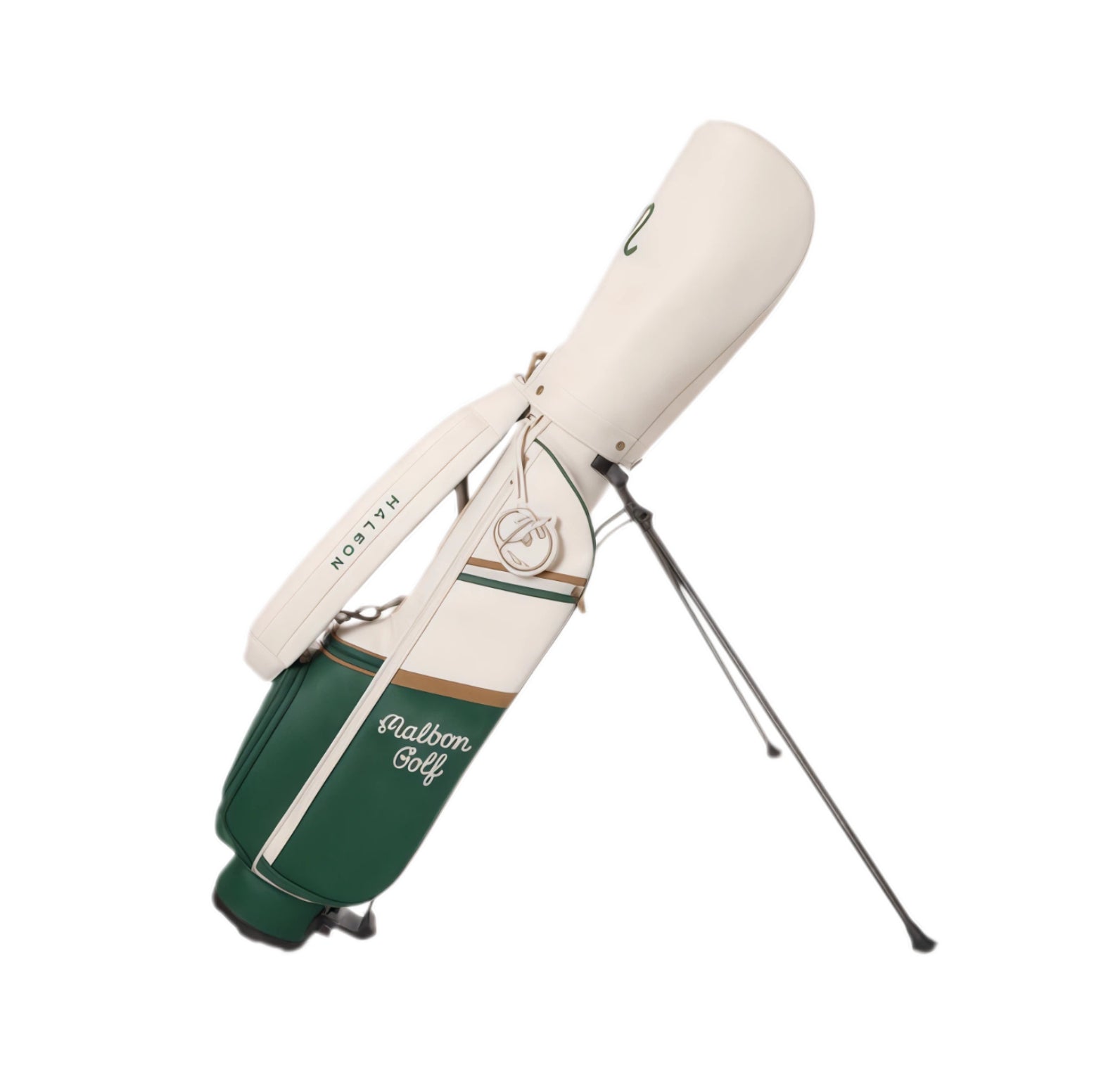 Angled view of Malbon Golf stand bag with deployed metal stand legs, showcasing ultra-lightweight design, durable PU leather, and stylish cream and green finish.