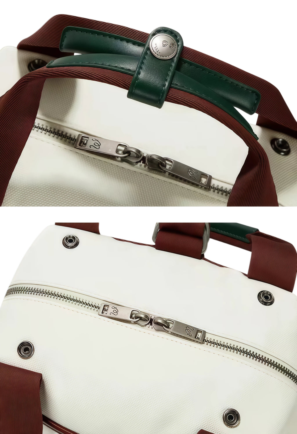 Detail shot of the Malbon backpack front compartment showing a zippered pocket with brown leather-like flap and magnetic snap closure. Functional and stylish design.