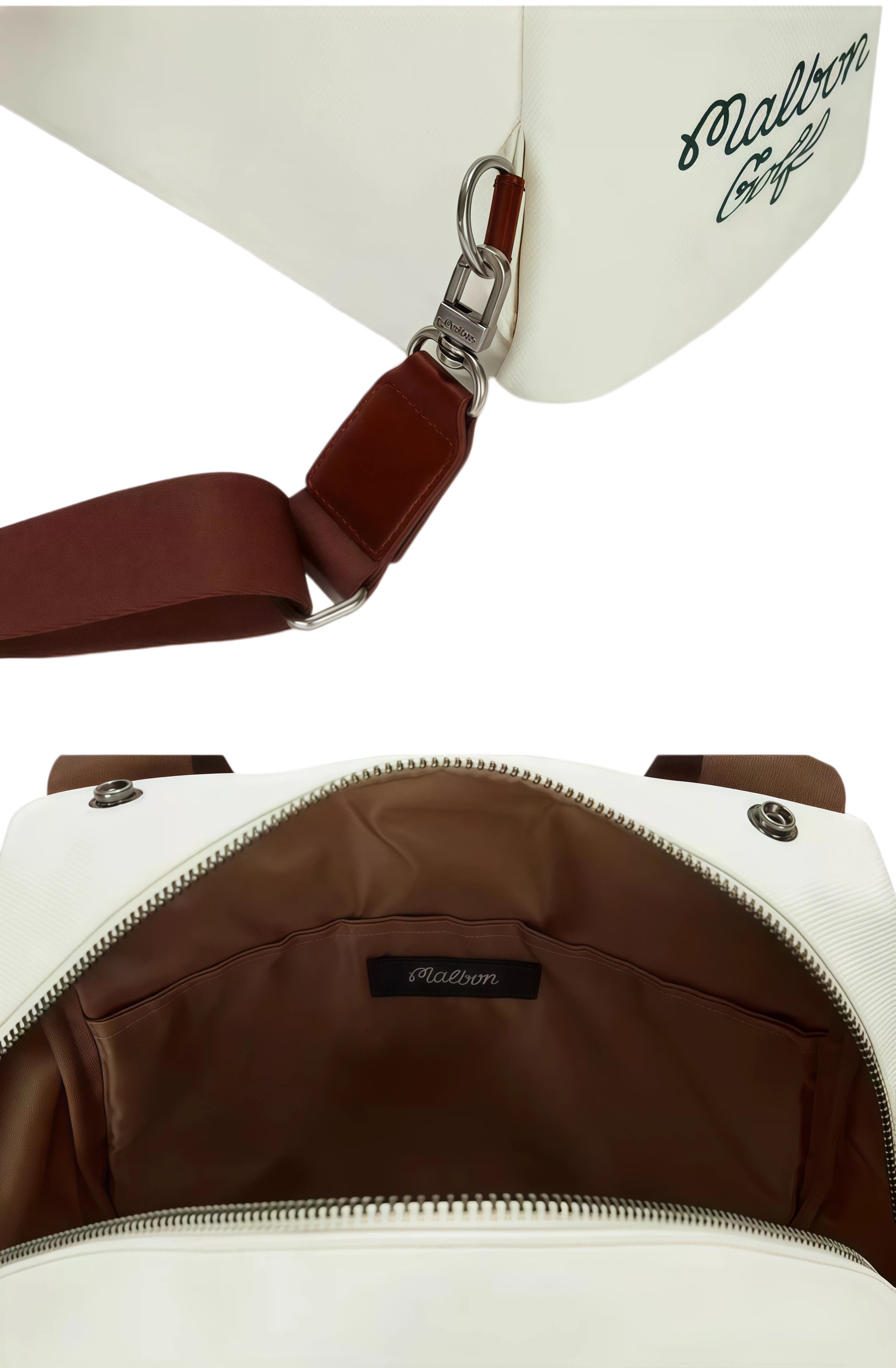 Close-up of the Malbon golf backpack interior with brown lining, branded label, and silver-tone zippers. Premium hardware and padded construction for durability.