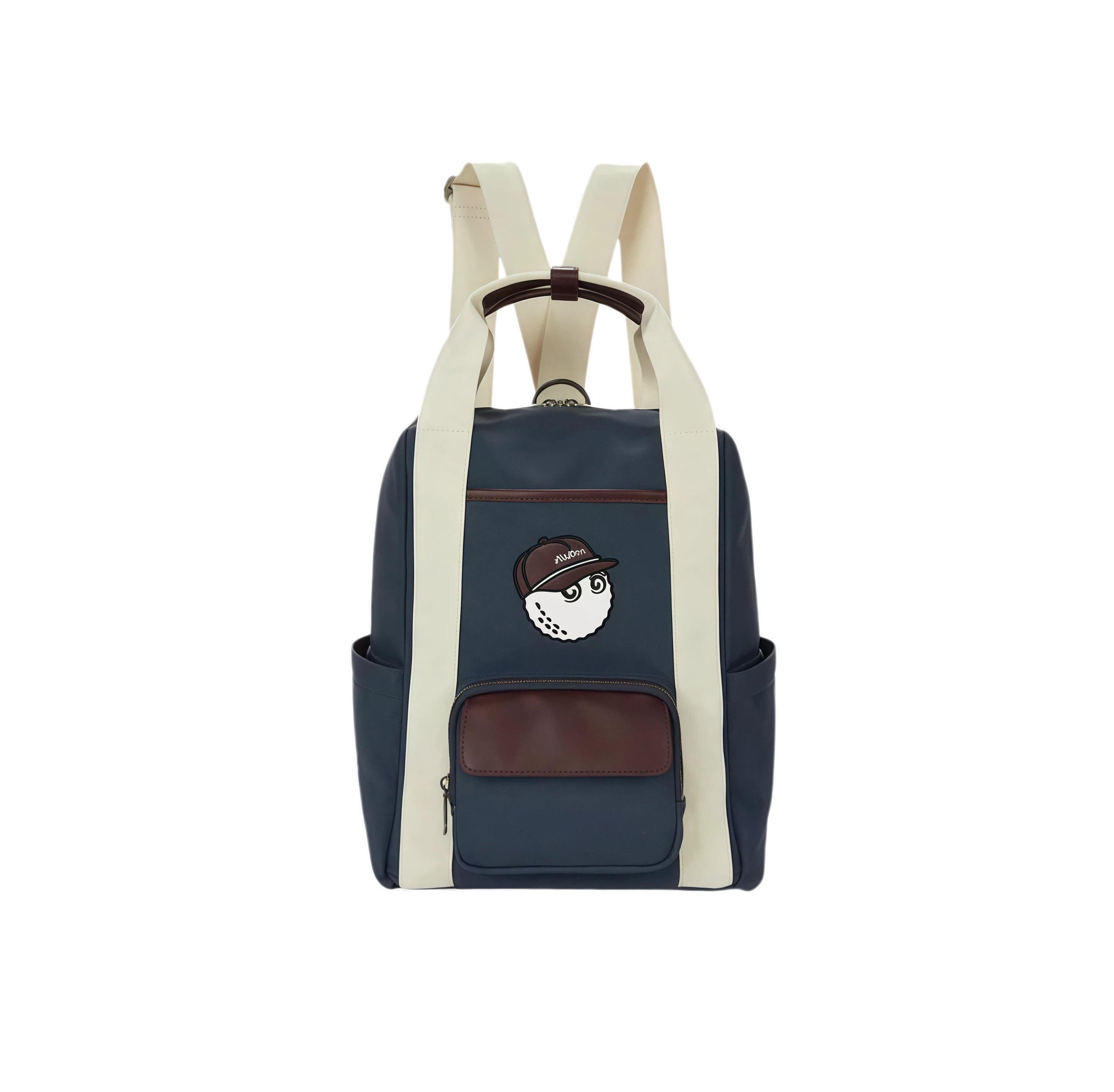 Navy blue and cream Malbon golf backpack featuring a cartoon golf ball character with cap. Stylish, functional design perfect for golfers and urban travelers.