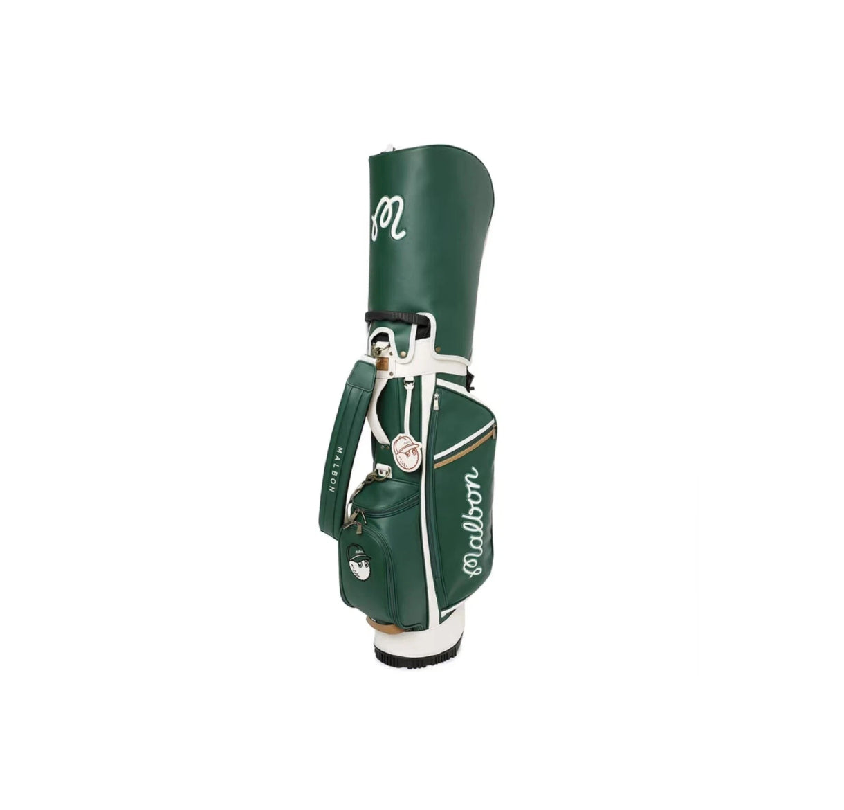  Front profile of the Malbon Golf Stand Bag in Hunter Green, highlighting the large "Malbon" typography, multiple storage pockets, and the unique dual hat holder accessory attached to the strap.