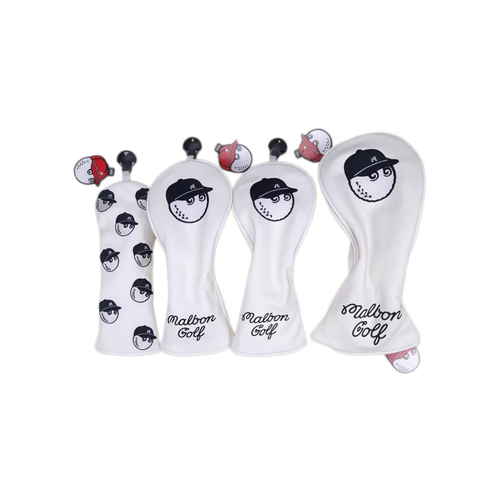 White Malbon golf headcovers featuring black cartoon baseball captain face logo; includes solid and all-over print designs, each with matching ball-shaped magnetic clip.
