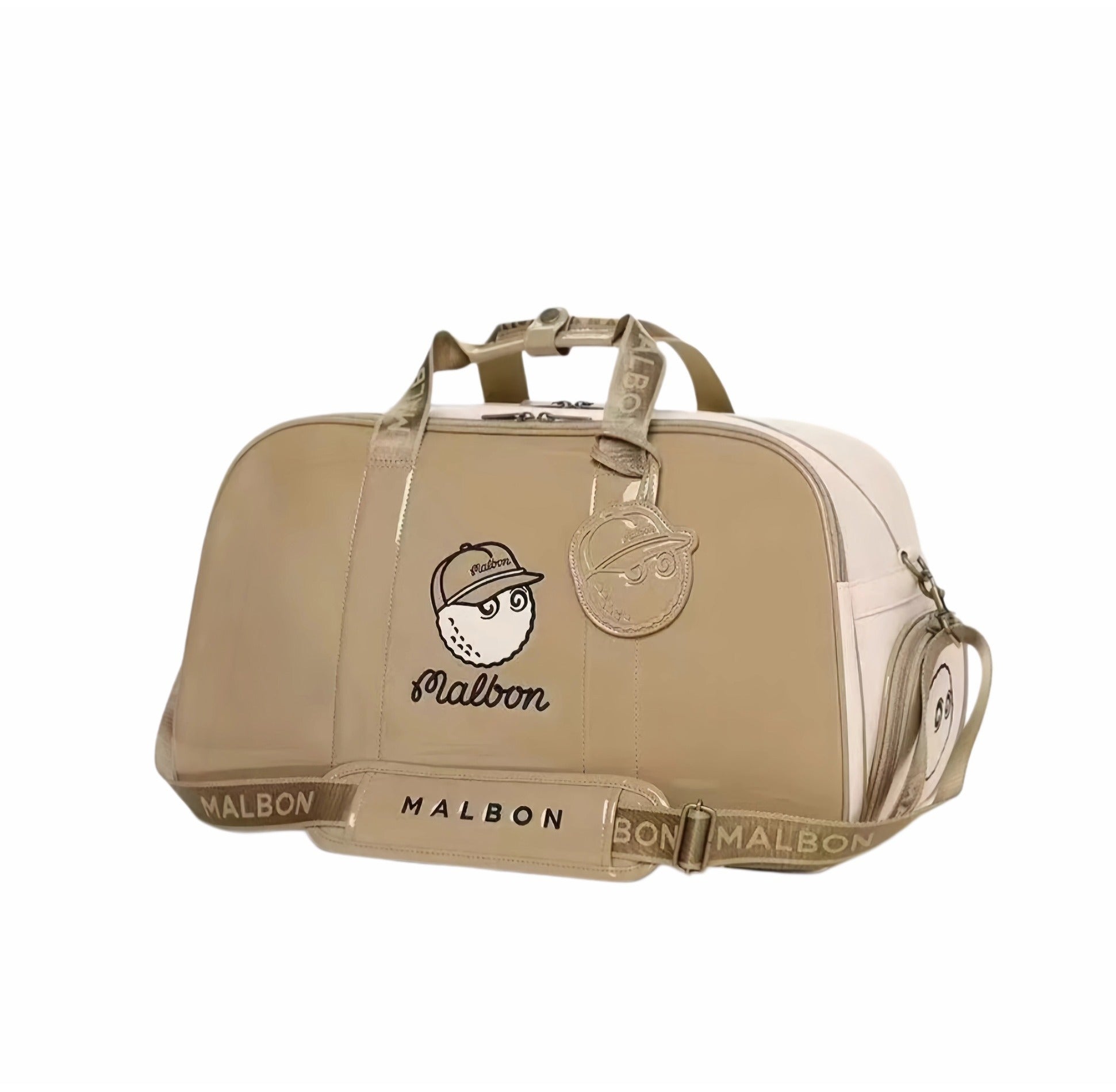 Front view of beige glossy Malbon Golf duffle bag featuring embroidered golf ball mascot, circular logo badge, and matching shoulder strap with "MALBON" branding
