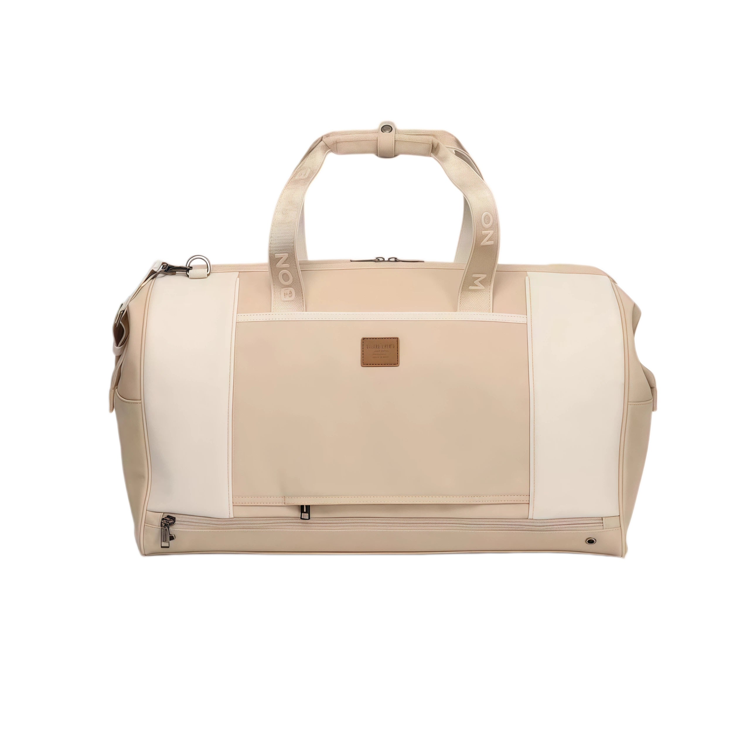  Front view of beige Malbon duffle bag featuring clean design, side panels, top handles, and embossed leather logo tag