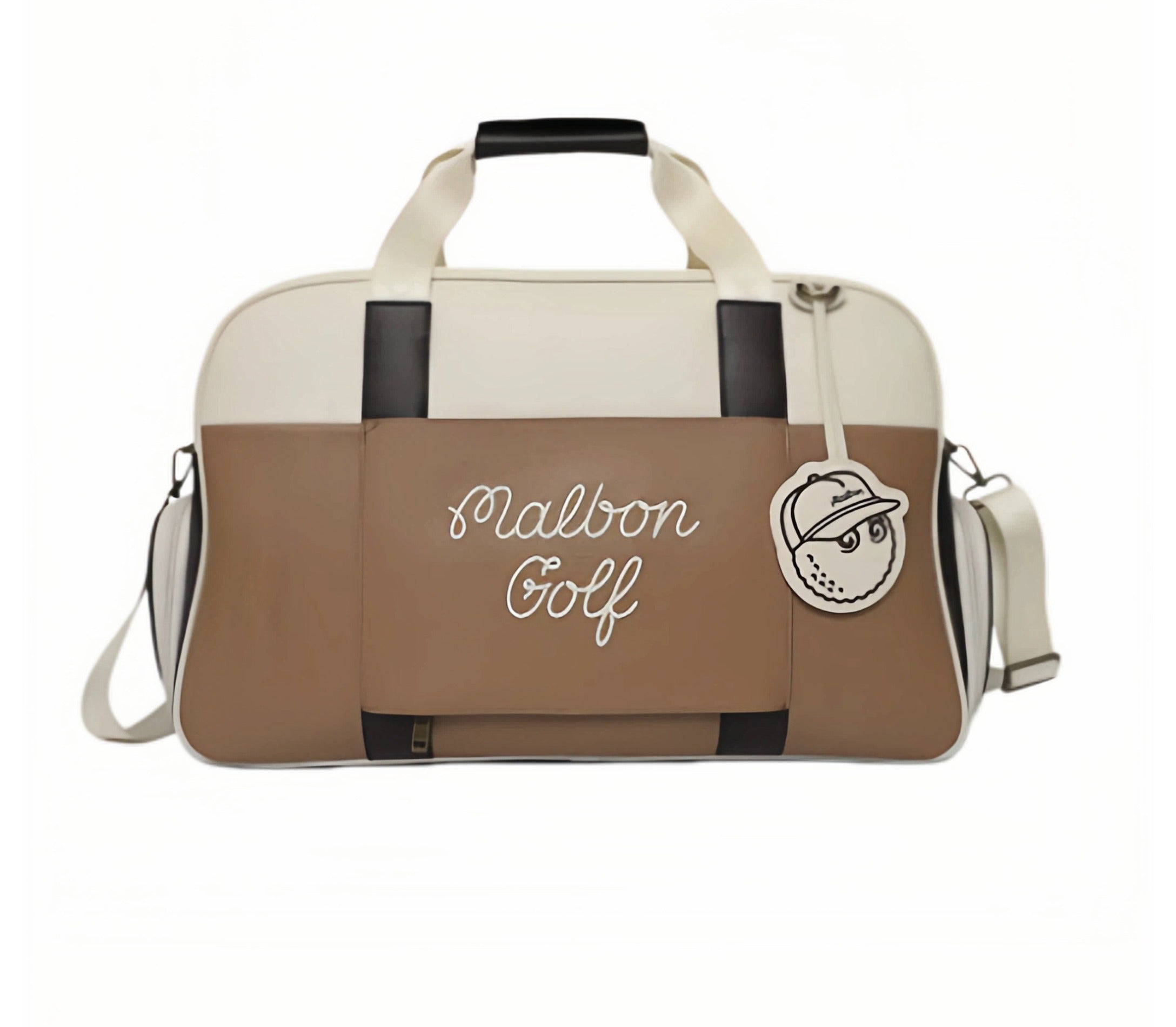  Malbon Golf duffel bag in brown and cream with embroidered "Malbon Golf" script and attached golf ball charm, ideal for travel and sports gear storage
