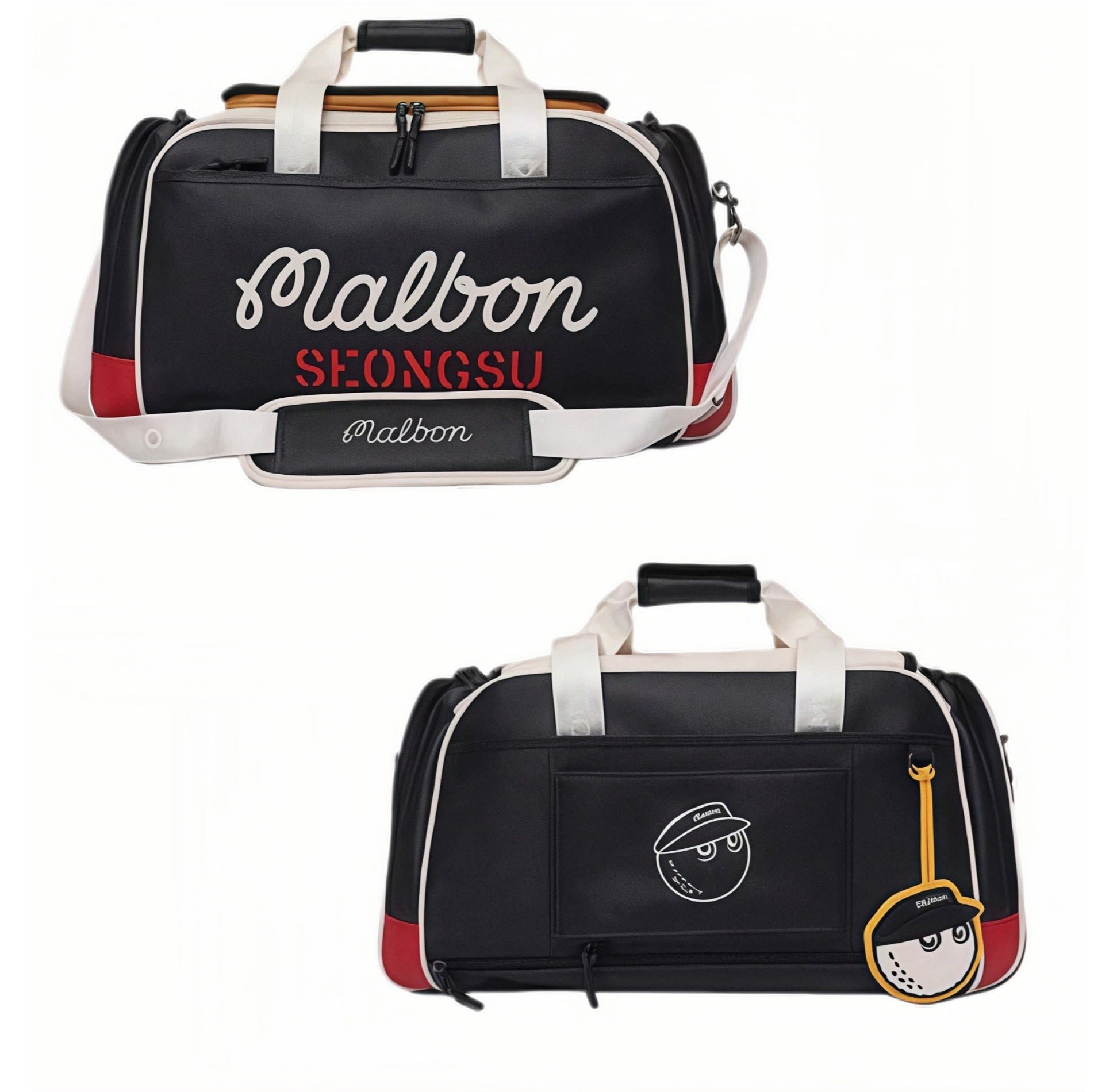 Combined front and back views of Malbon Golf waterproof duffle bag highlighting "Malbon SEONGSU" branding and playful golf ball character design