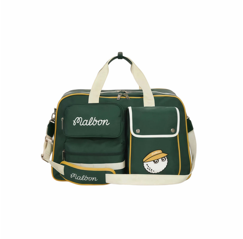 Side-angle view of open green Malbon golf duffle bag showing deep interior space, internal zippered pocket, and brand tag stitched inside