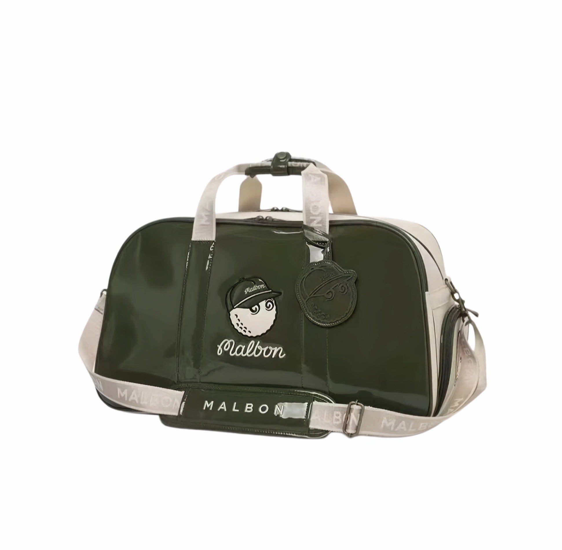 Full front view of green glossy Malbon Golf duffle bag with cartoon golf ball character wearing a cap, brand patch, and adjustable shoulder strap with repeating "MALBON" pattern
