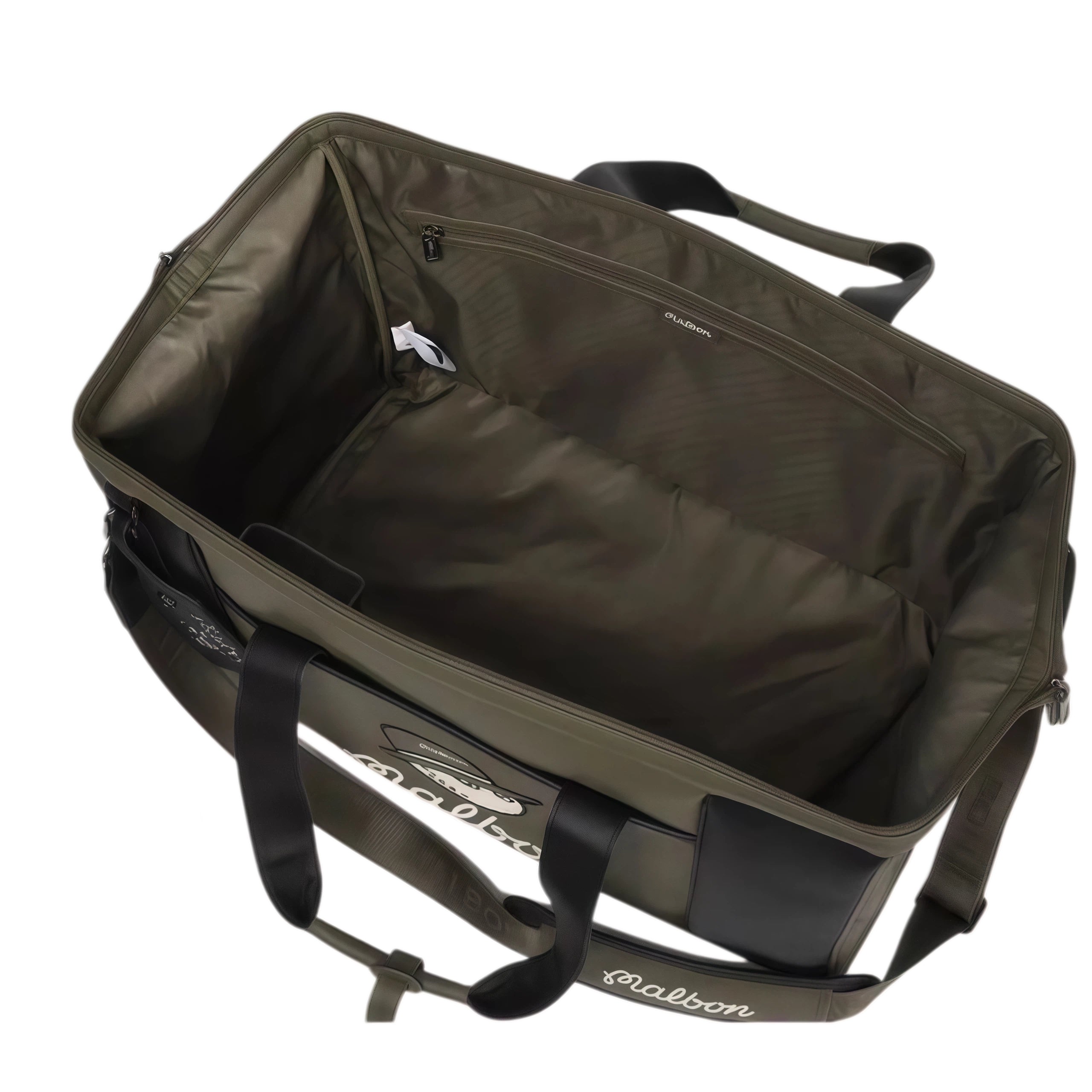Open interior of olive green Malbon duffle bag showing spacious main compartment, zippered pocket, and "Malbon" branding on inner lining