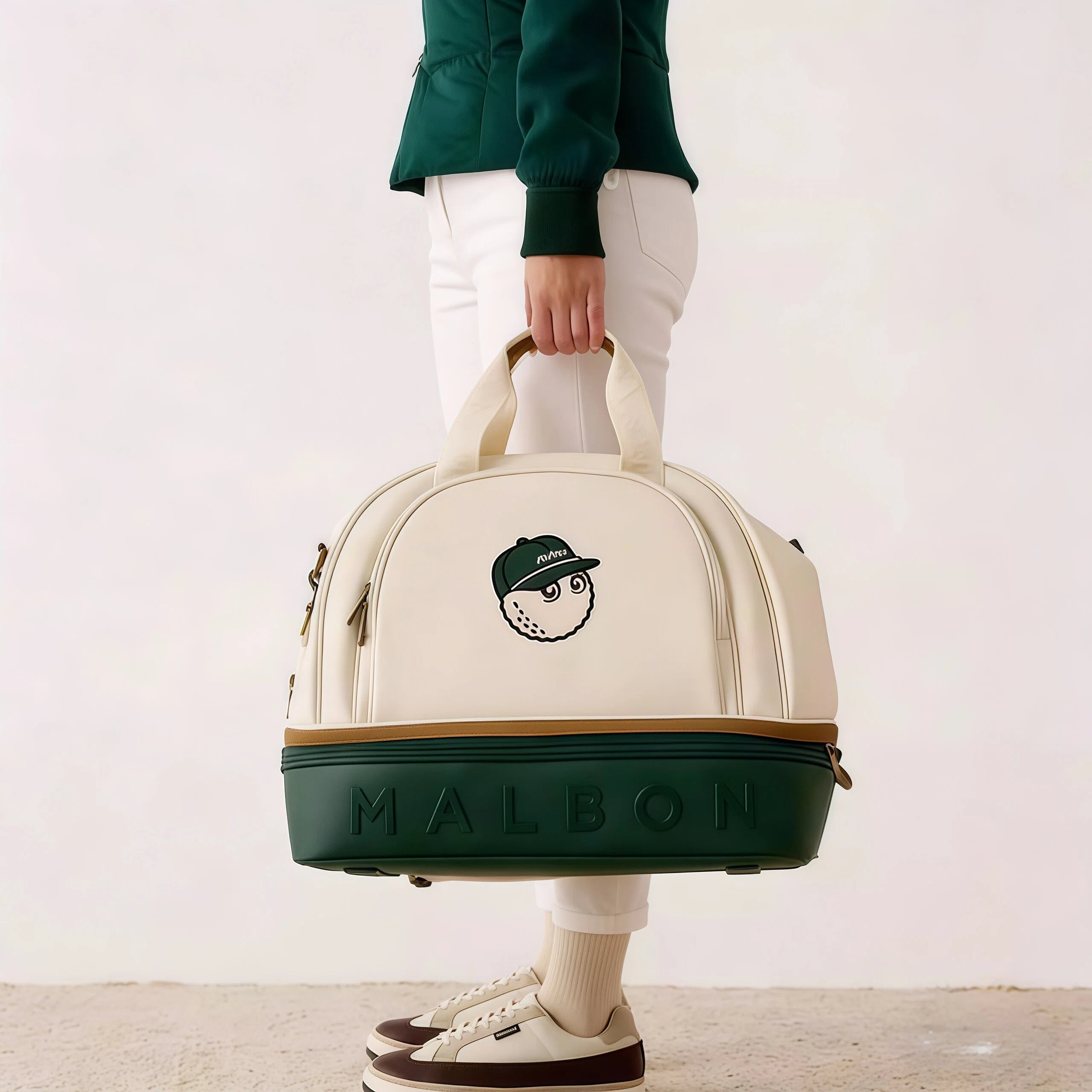 Person holding cream and green Malbon golf duffle bag; embossed "MALBON" logo on green base, showing real-life use and premium design
