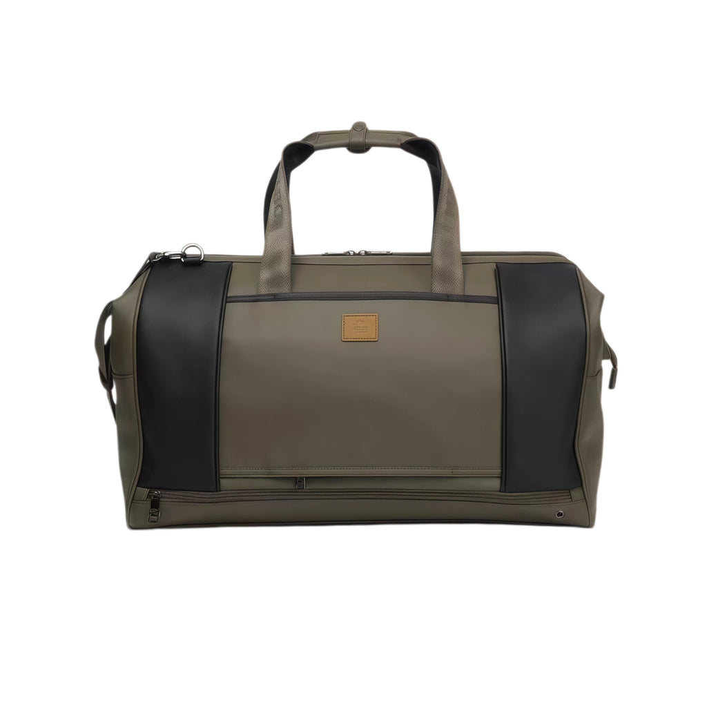 Front view of Malbon golf duffle bag in olive green with black PU leather accents, top handles, and a small leather brand patch