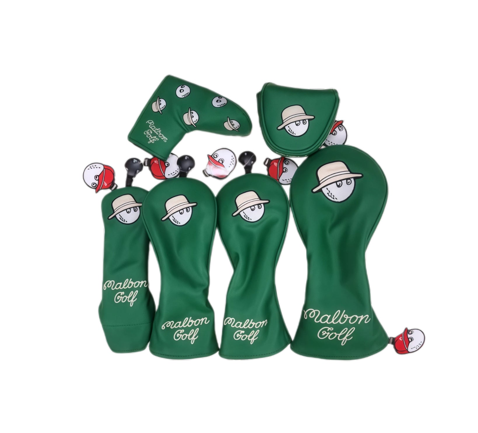 Set of green golf club head covers with cartoon face designs on a white background